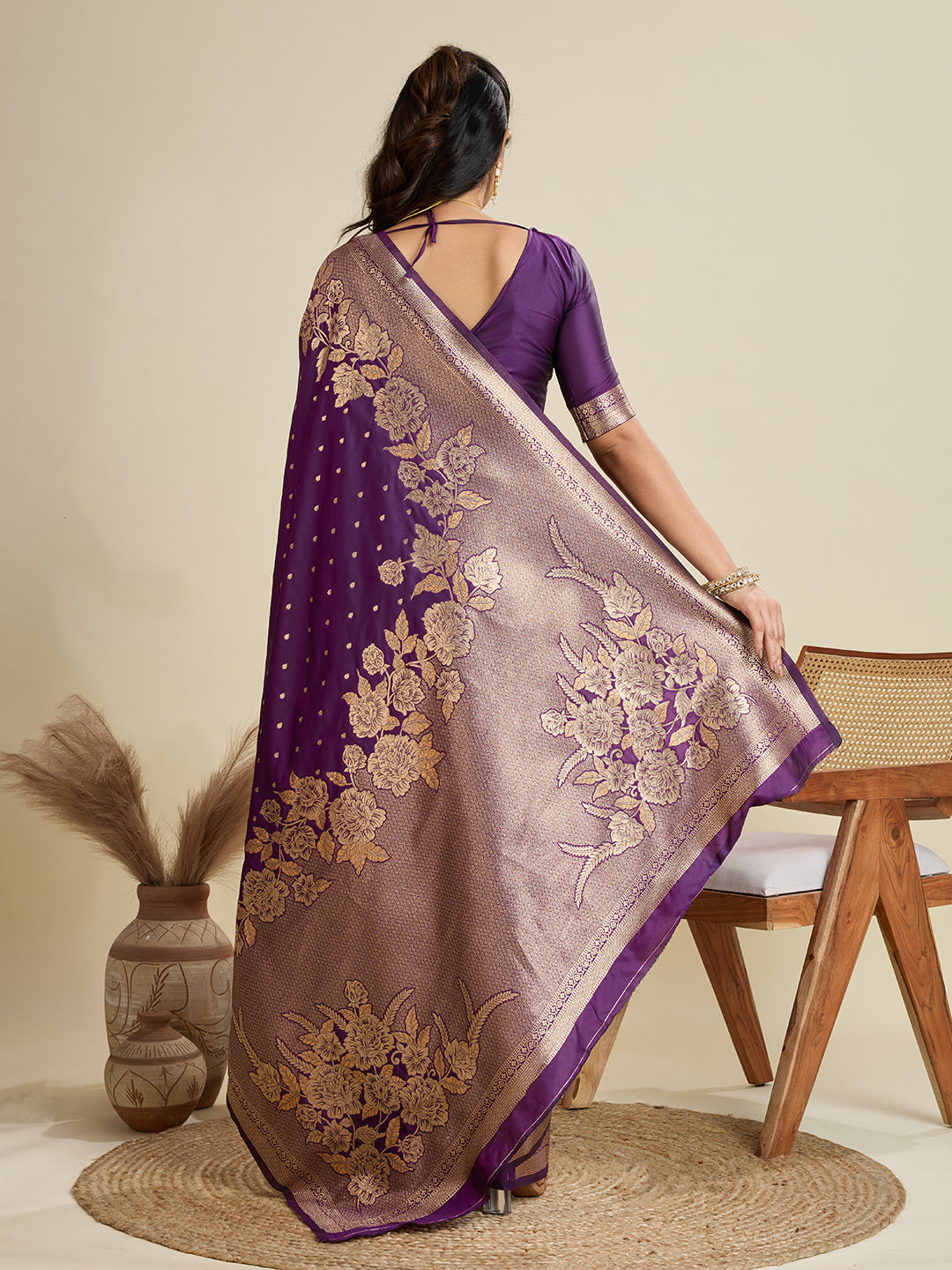 Wine Banarasi Silk Saree with Butti and Floral Border