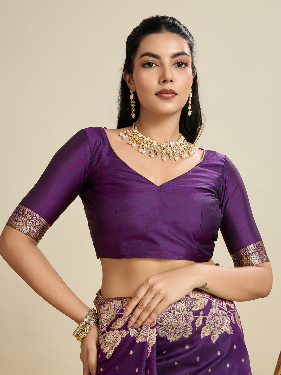 Wine Banarasi Silk Saree with Butti and Floral Border