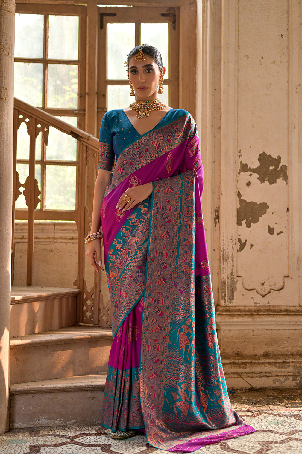 Wine Banarasi Silk Saree with Kalamkari Zari Design