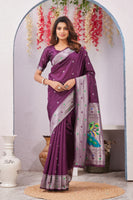Wine Banarasi Silk Saree with Peacock Motif, Rich Pallu & Jacquard Jari Work