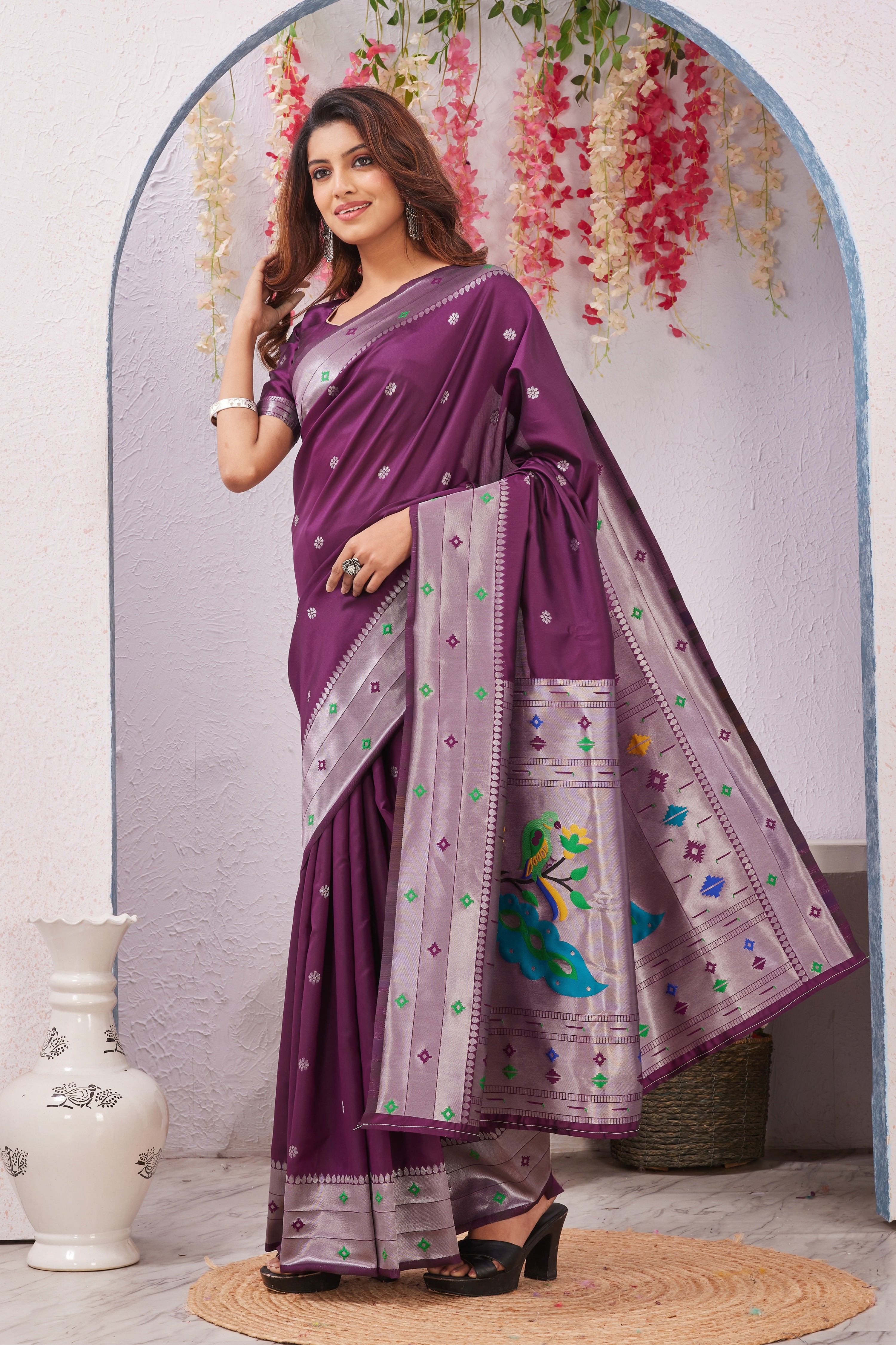 Wine Banarasi Silk Saree with Peacock Motif, Rich Pallu & Jacquard Jari Work