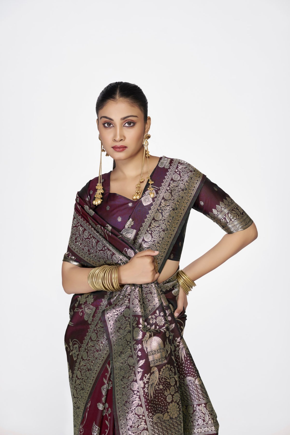 Wine Banarasi Silk Saree with Traditional Weaving