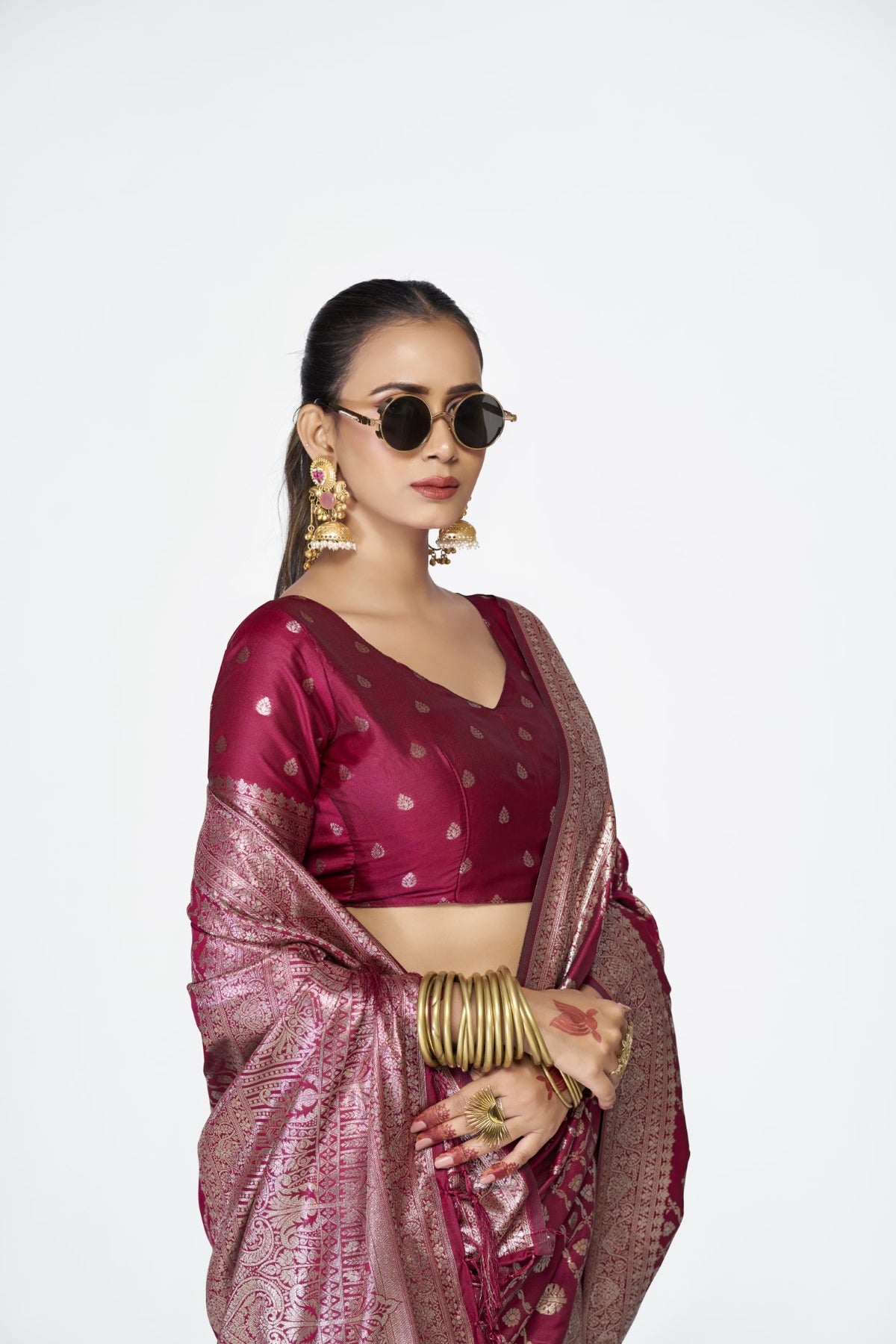 Wine Banarasi Silk Saree with Traditional Weaving