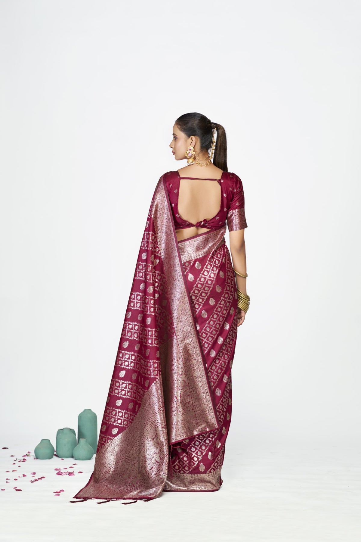 Wine Banarasi Silk Saree with Traditional Weaving