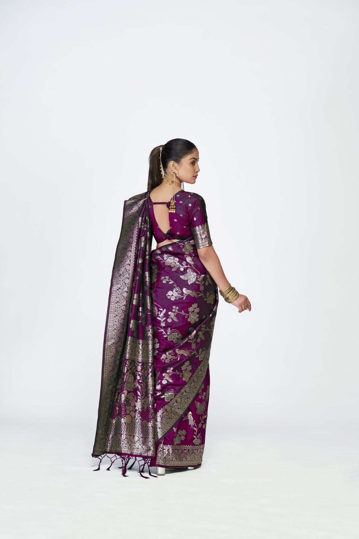 Wine Banarasi Silk Saree with Traditional Weaving