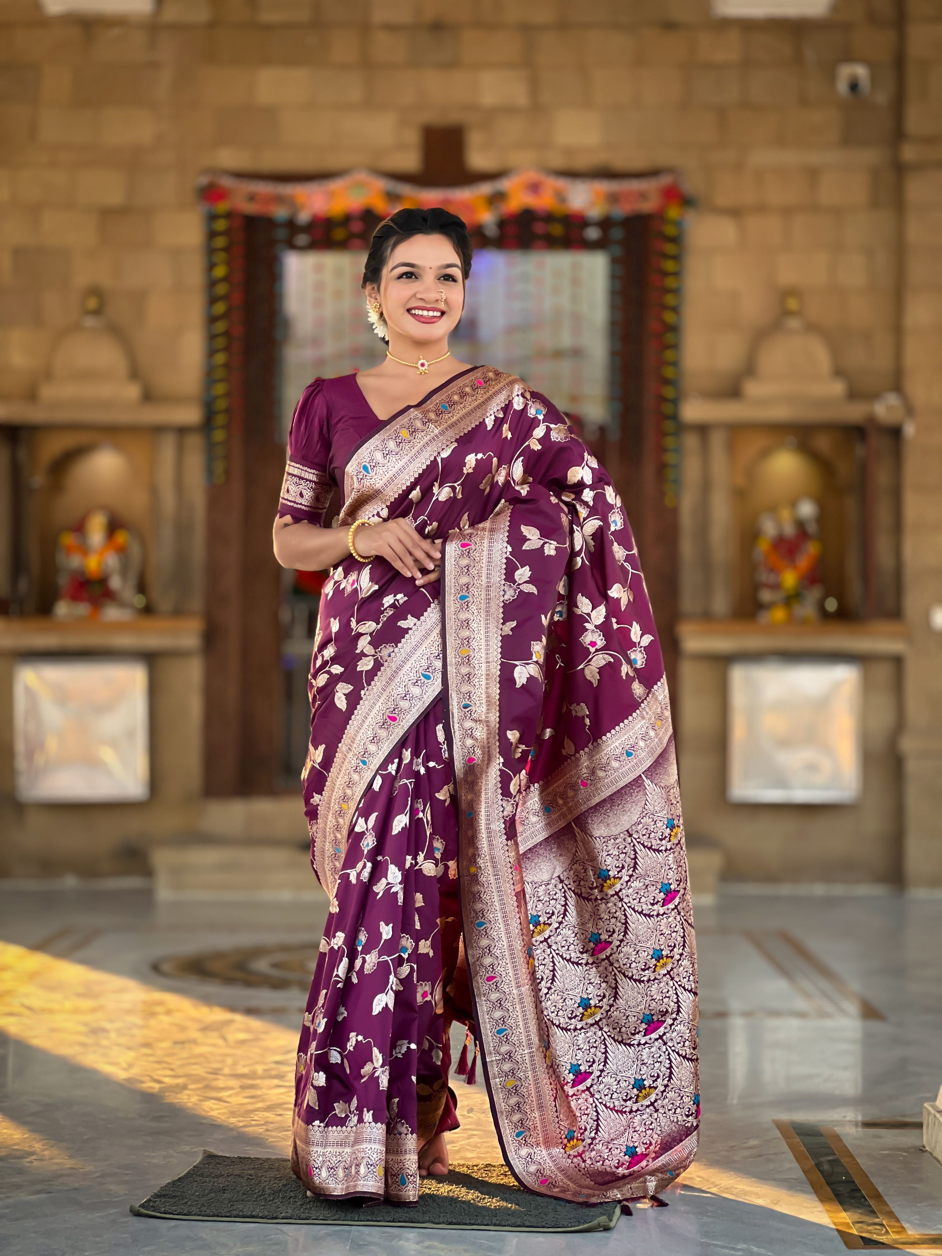 Wine Banarasi Silk Woven Jacquard Designer Ceremonial Partywear Saree