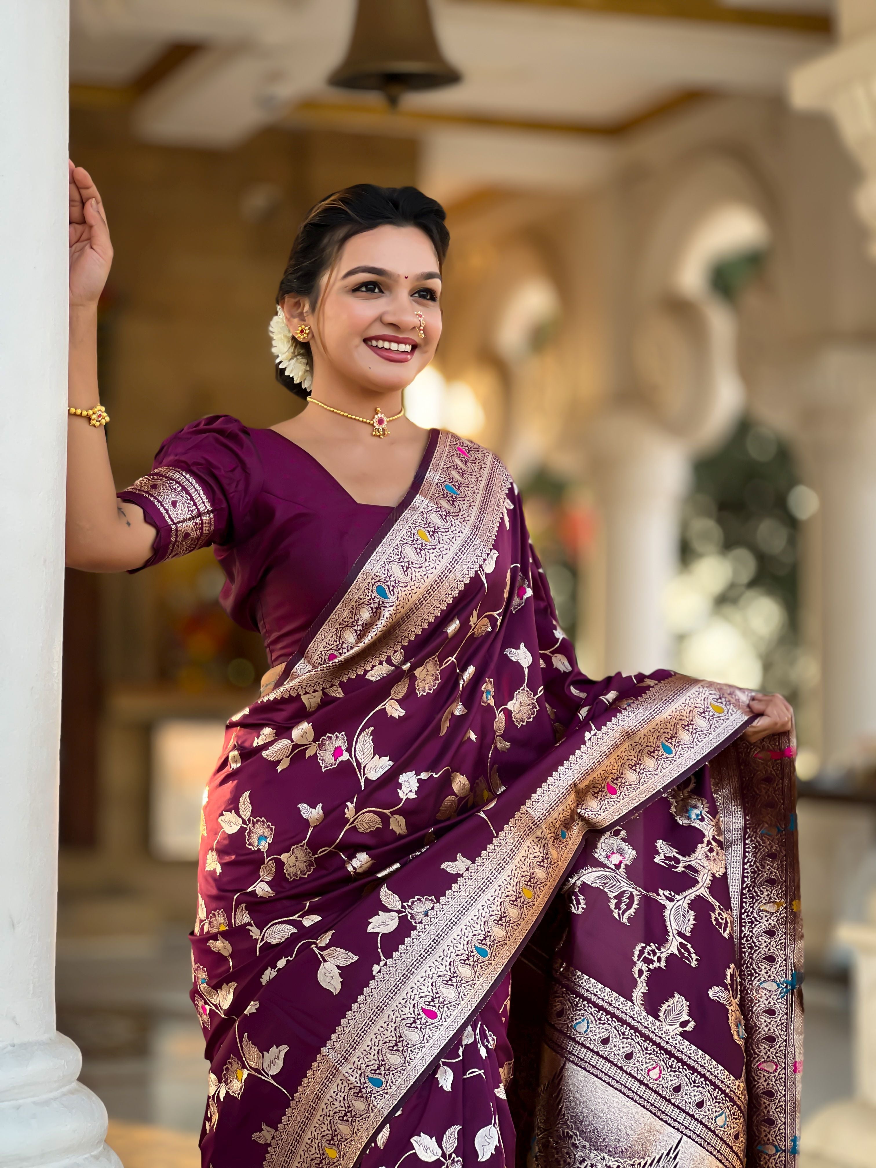 Wine Banarasi Silk Woven Jacquard Designer Ceremonial Partywear Saree