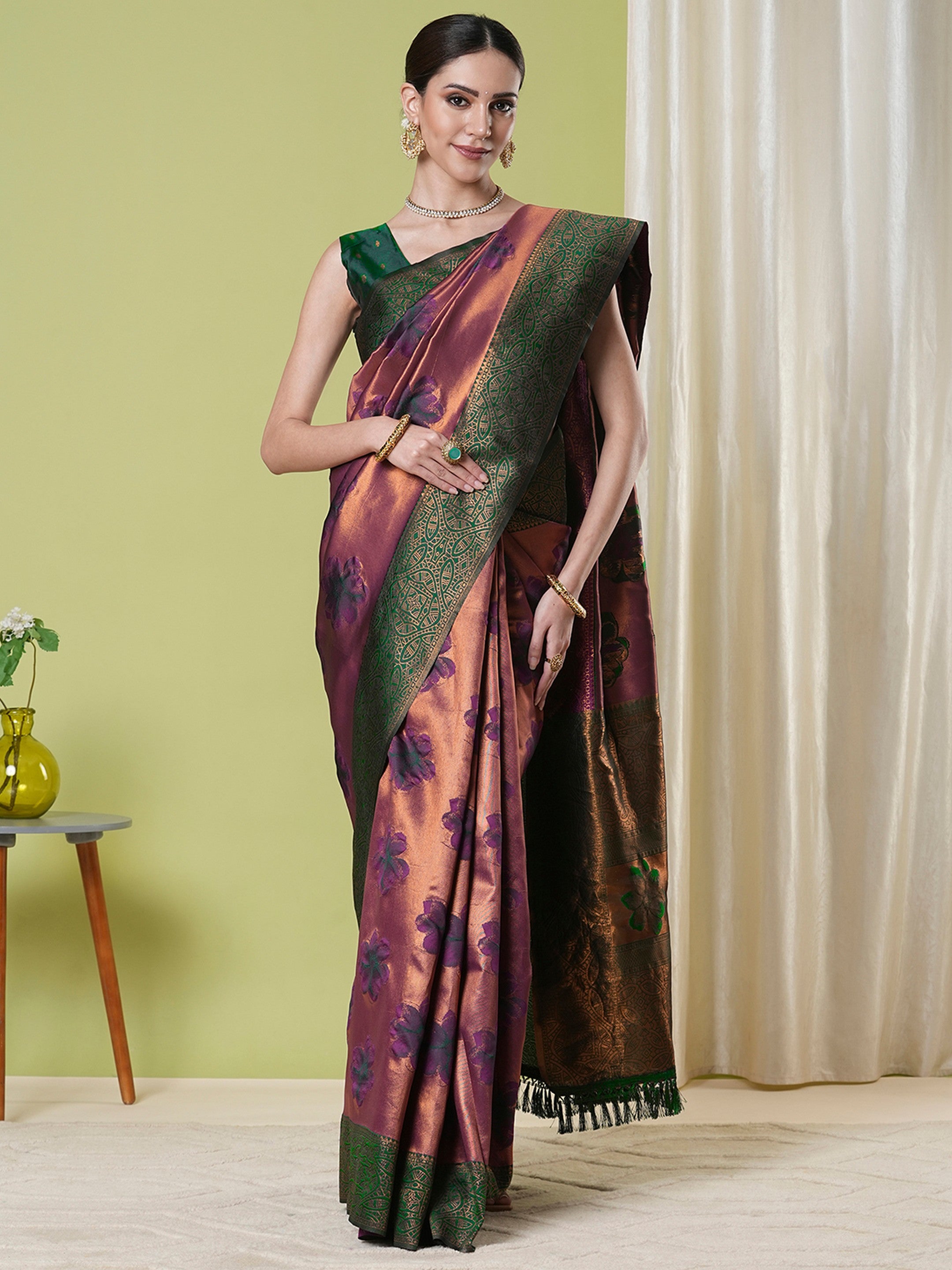 Wine Banarasi Silk Woven Jacquard Designer Partywear Saree