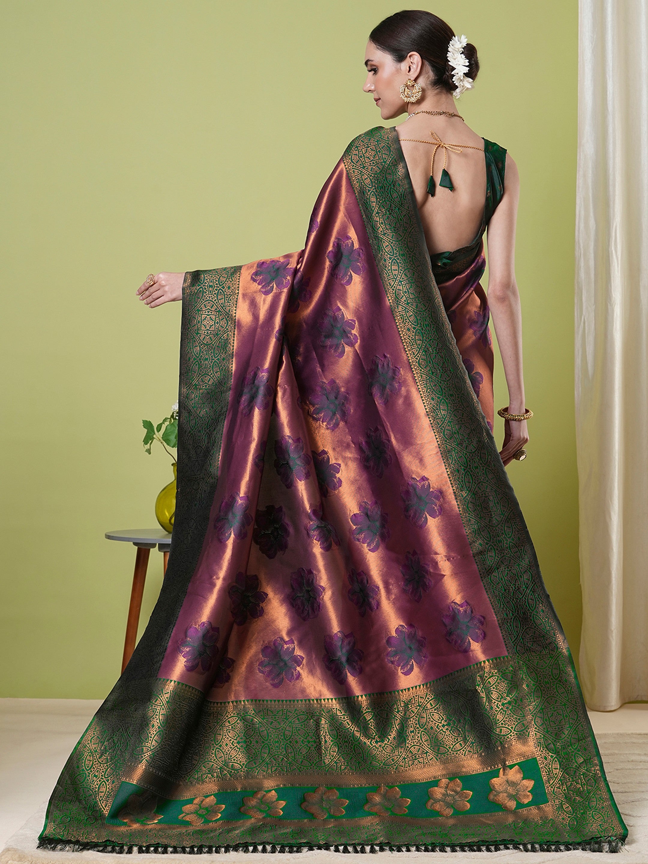 Wine Banarasi Silk Woven Jacquard Designer Partywear Saree