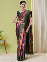 Wine Banarasi Silk Woven Jacquard Designer Partywear Saree
