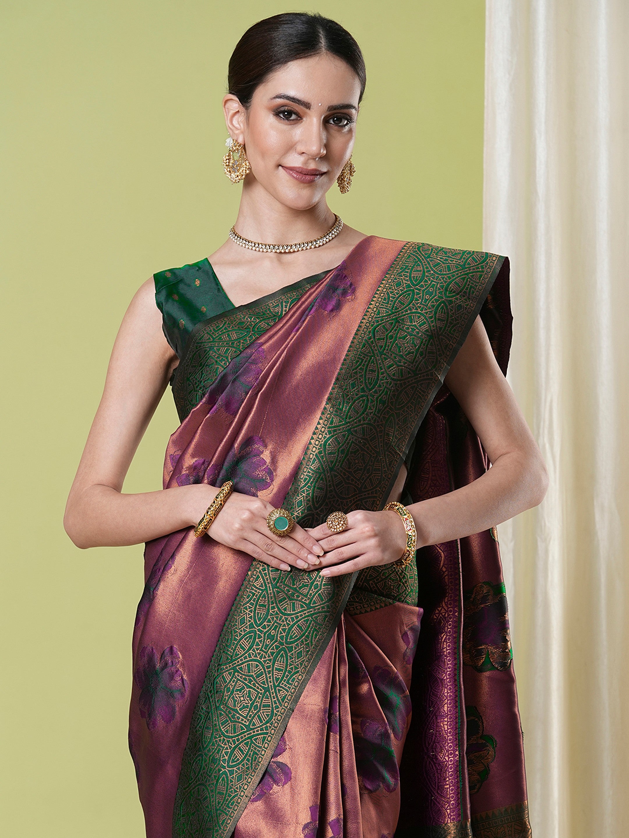 Wine Banarasi Silk Woven Jacquard Designer Partywear Saree