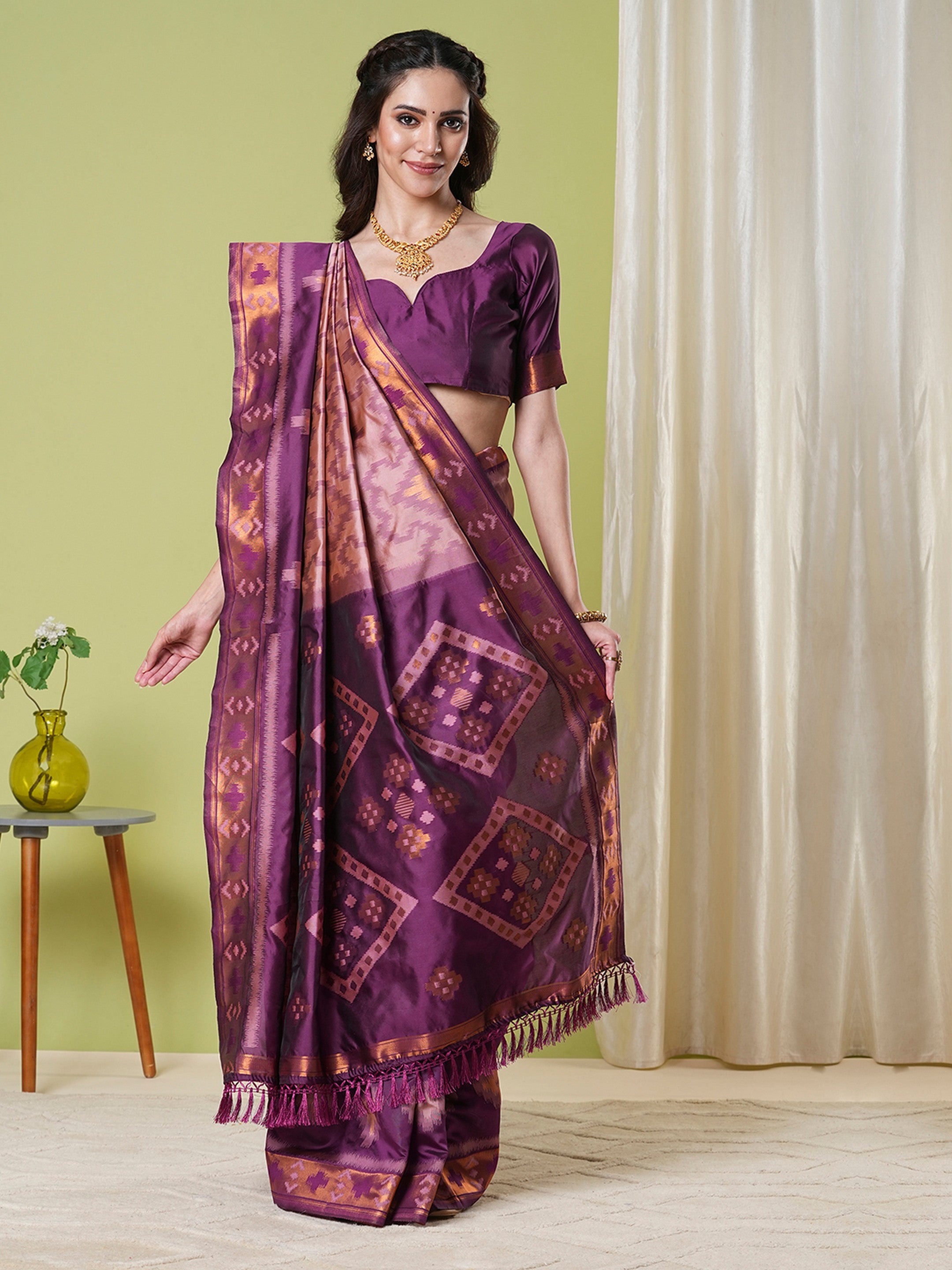 Wine Banarasi Silk Woven Jacquard Designer Saree