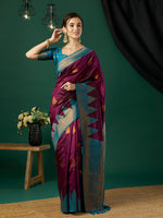Wine Banarasi Silk Woven Jari Designer Heavy And Ethnic Partywear Saree