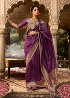 Wine Banarasi Soft Silk Saree with Woven Lace Border