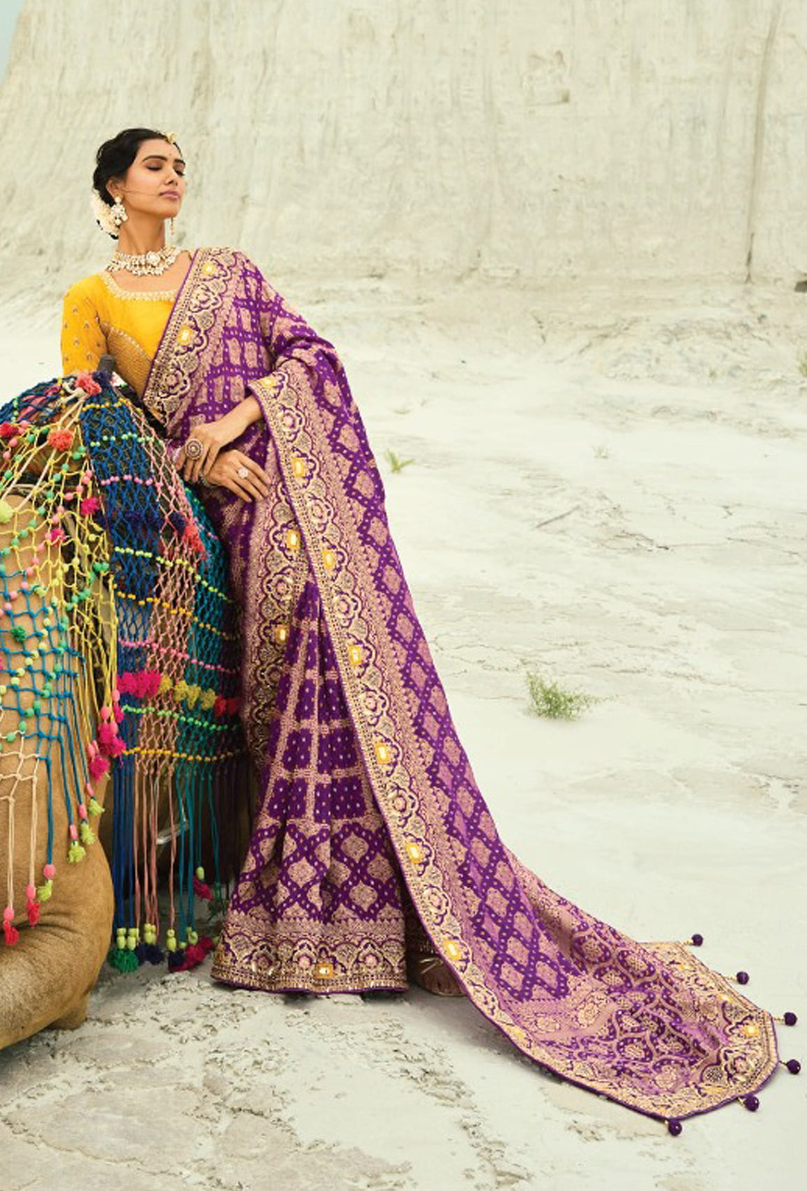 Wine  Bandhej Saree with Heavy Hand Work Border With Embroidery Blouse
