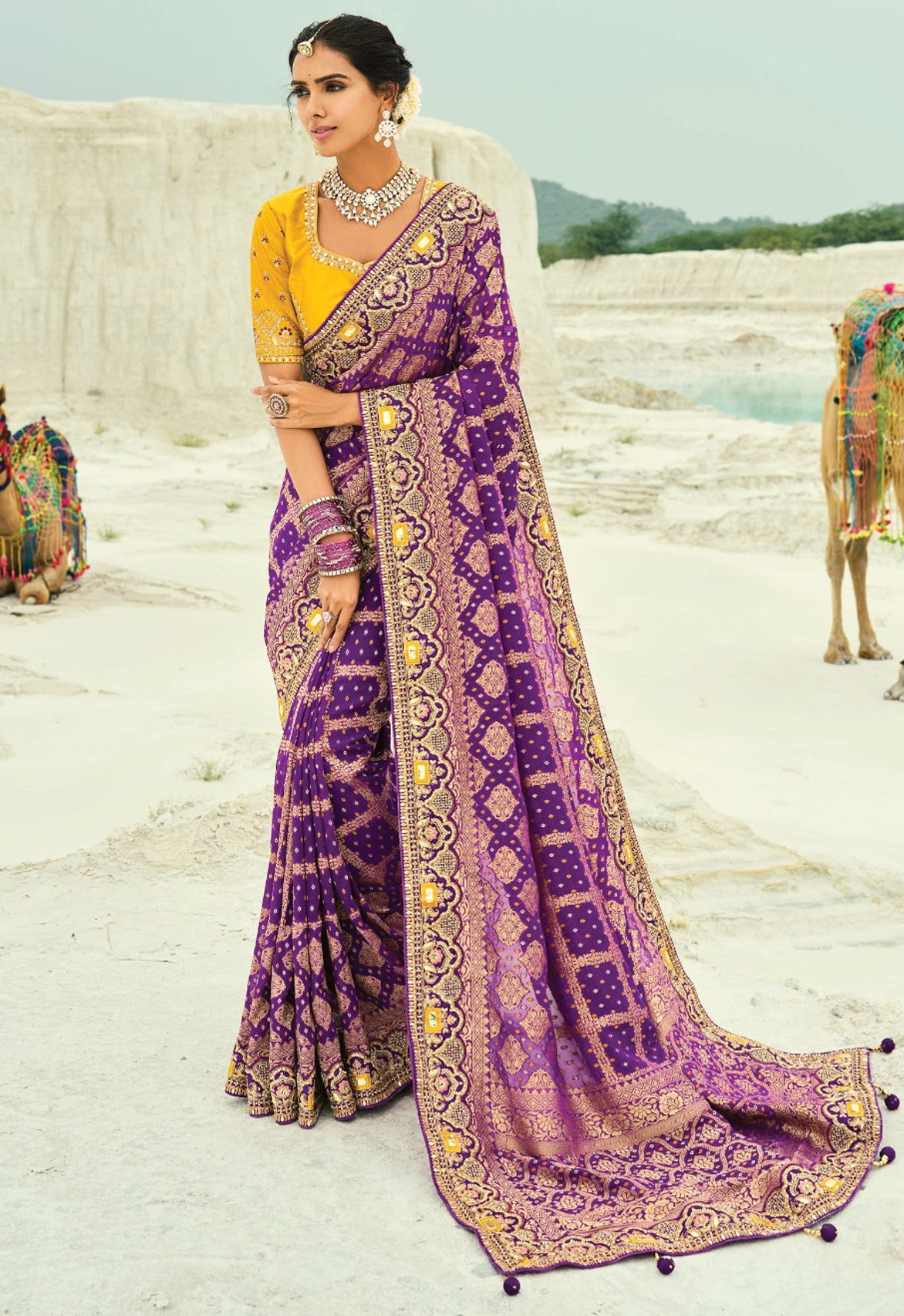 Wine  Bandhej Saree with Heavy Hand Work Border With Embroidery Blouse