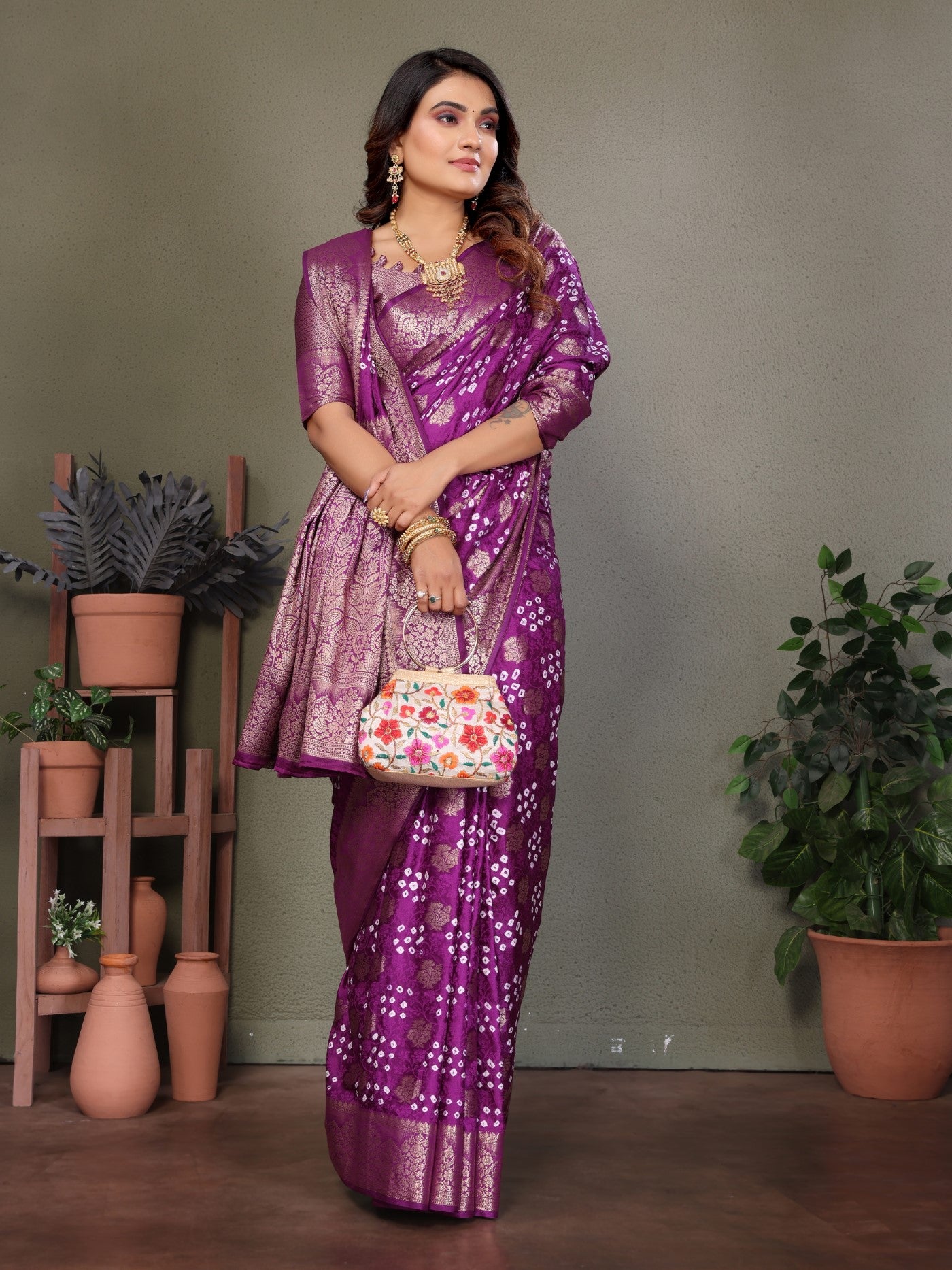 Wine Bandhej Silk Saree With Traditional Zari Weaving