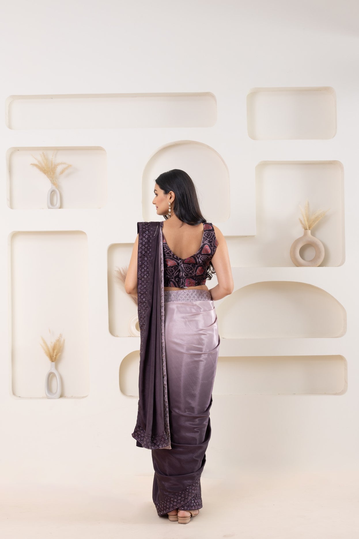 Wine Beautiful Bollywood Style Satin Fabic Ready To Wear Saree