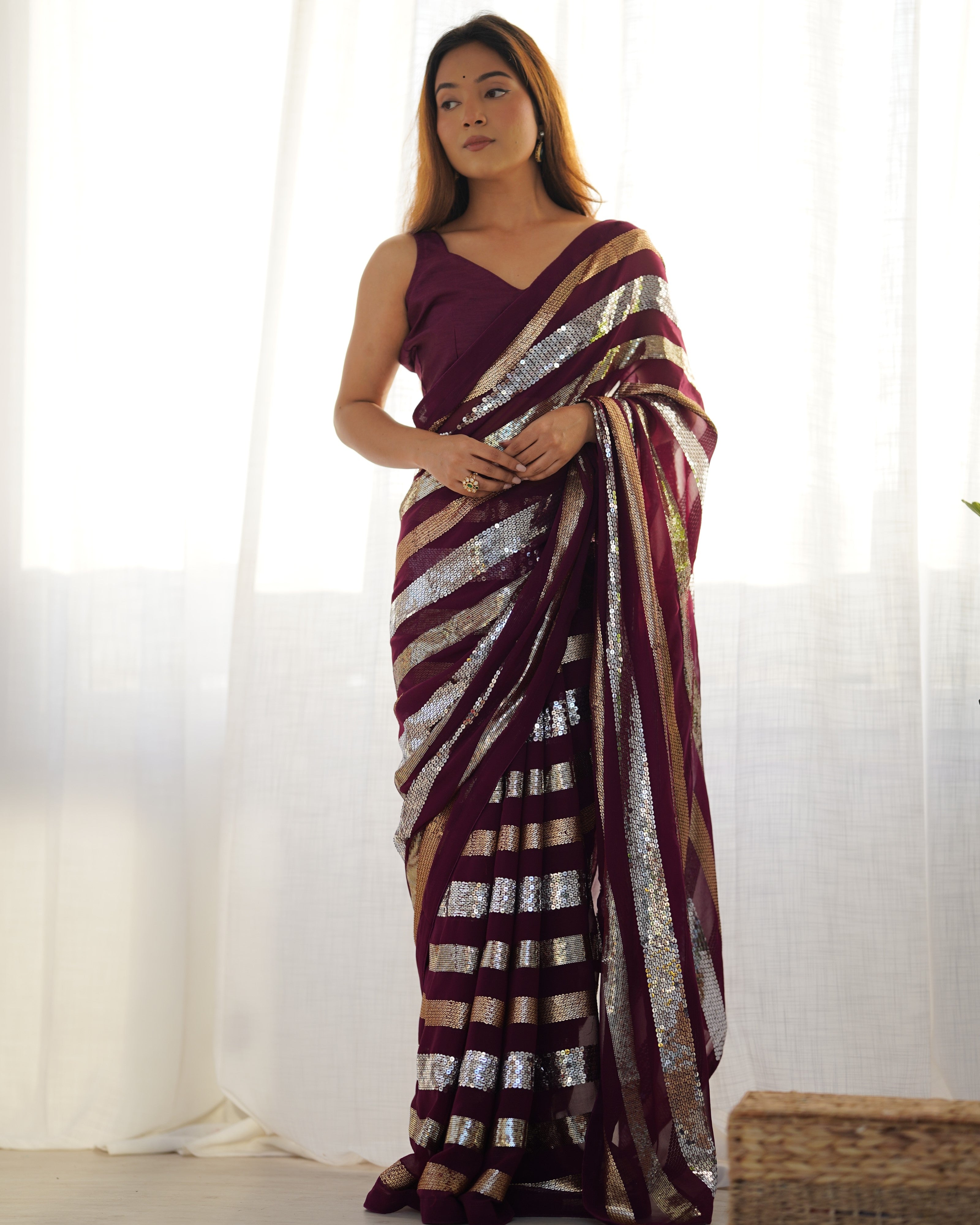 Wine Beautiful Georgette Fabric Sequins Work Ceremonial Saree
