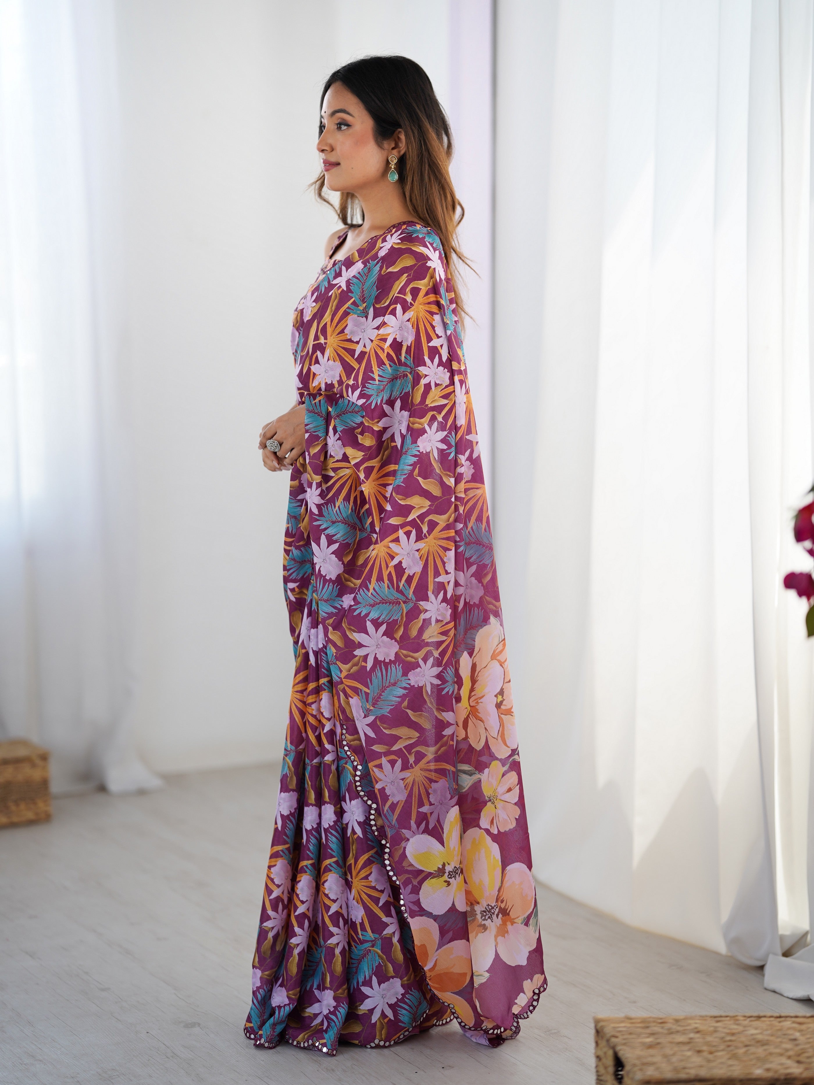 Wine Beautiful Printed Chinon Saree With Stylish Border For Girlie Looks