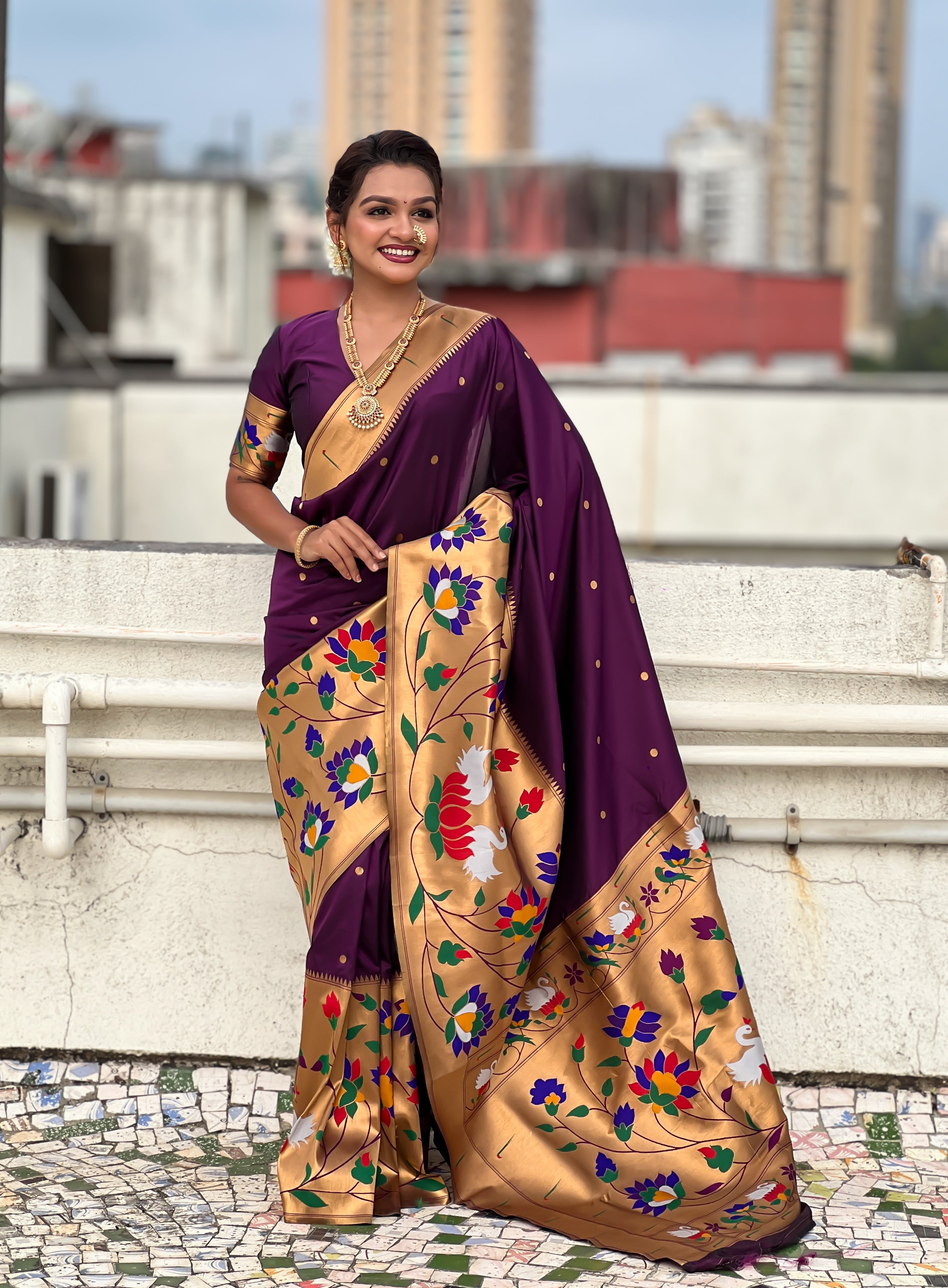 Wine Beautiful Woven Meenakari Polka Designer Paithani Silk Ethnic Graceful Saree