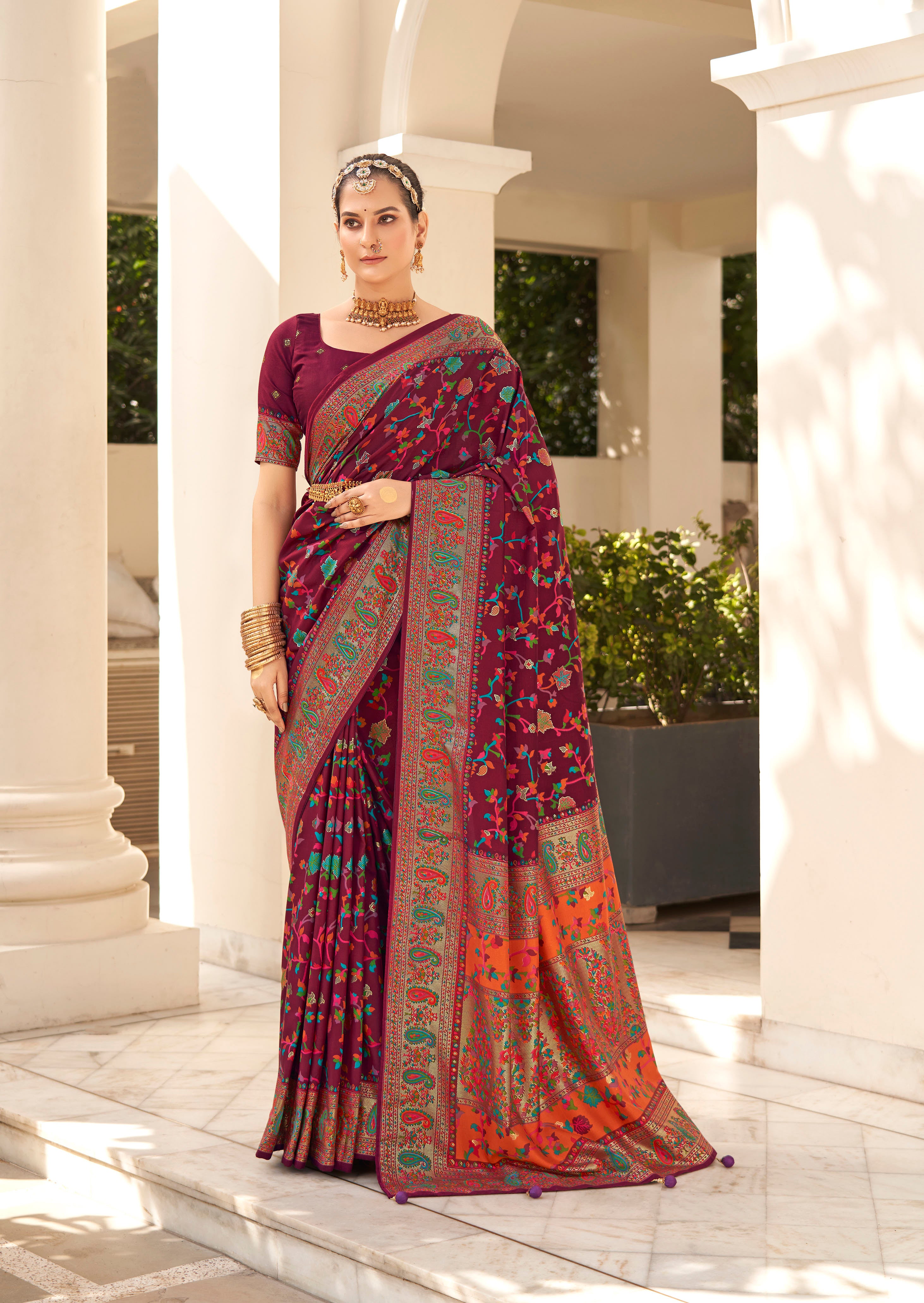 Wine Berry Velvet Tussar Silk Woven Designer With Floral Printed Ethnic Wedding Wear Saree