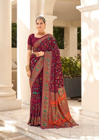 Wine Berry Velvet Tussar Silk Woven Designer With Floral Printed Ethnic Wedding Wear Saree