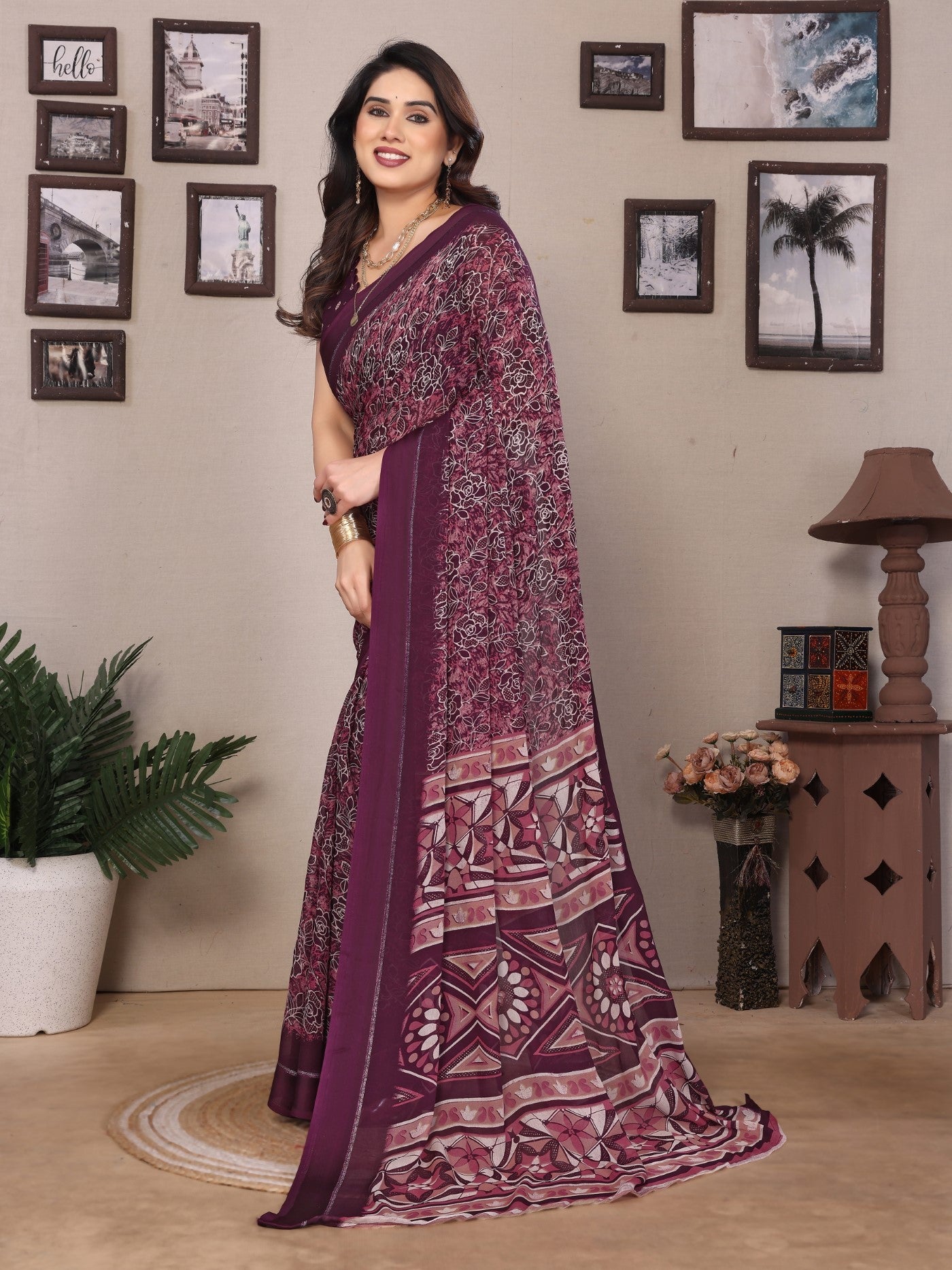 Wine Bright Moss Printed Saree With Zari Work