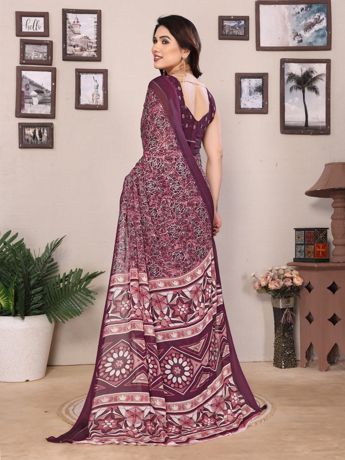 Wine Bright Moss Printed Saree With Zari Work