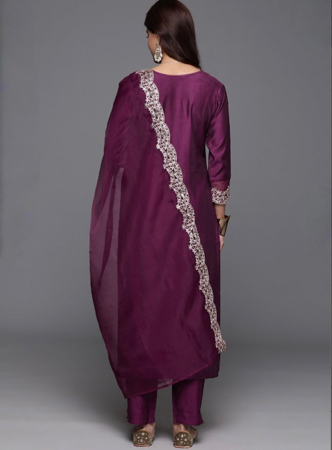Wine Chanderi Kurta Pant Set With Heavy Thread Embroidered Work