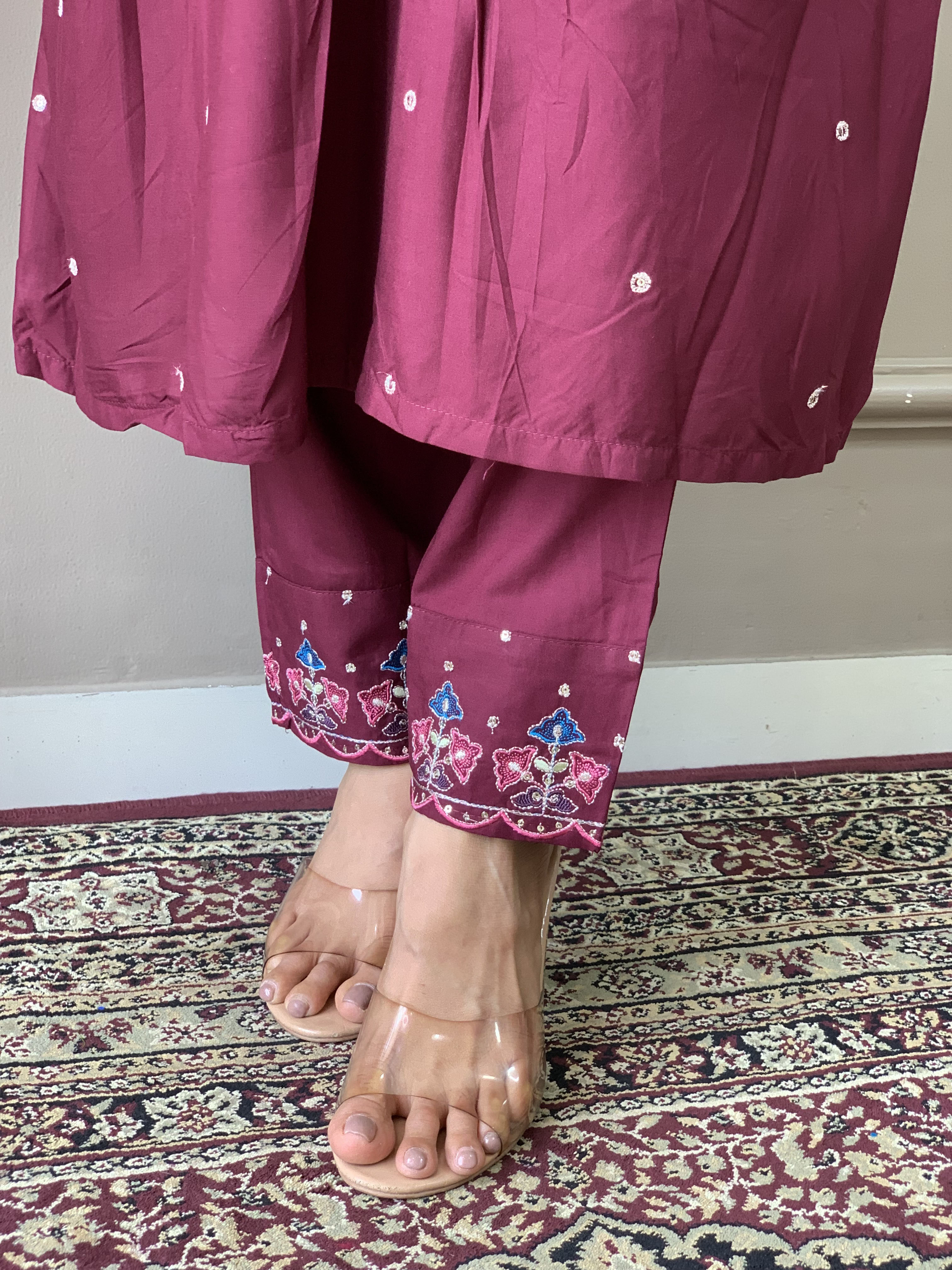 Wine Chanderi Viscose Elegant Kurta Pant Set With Embroidery Work