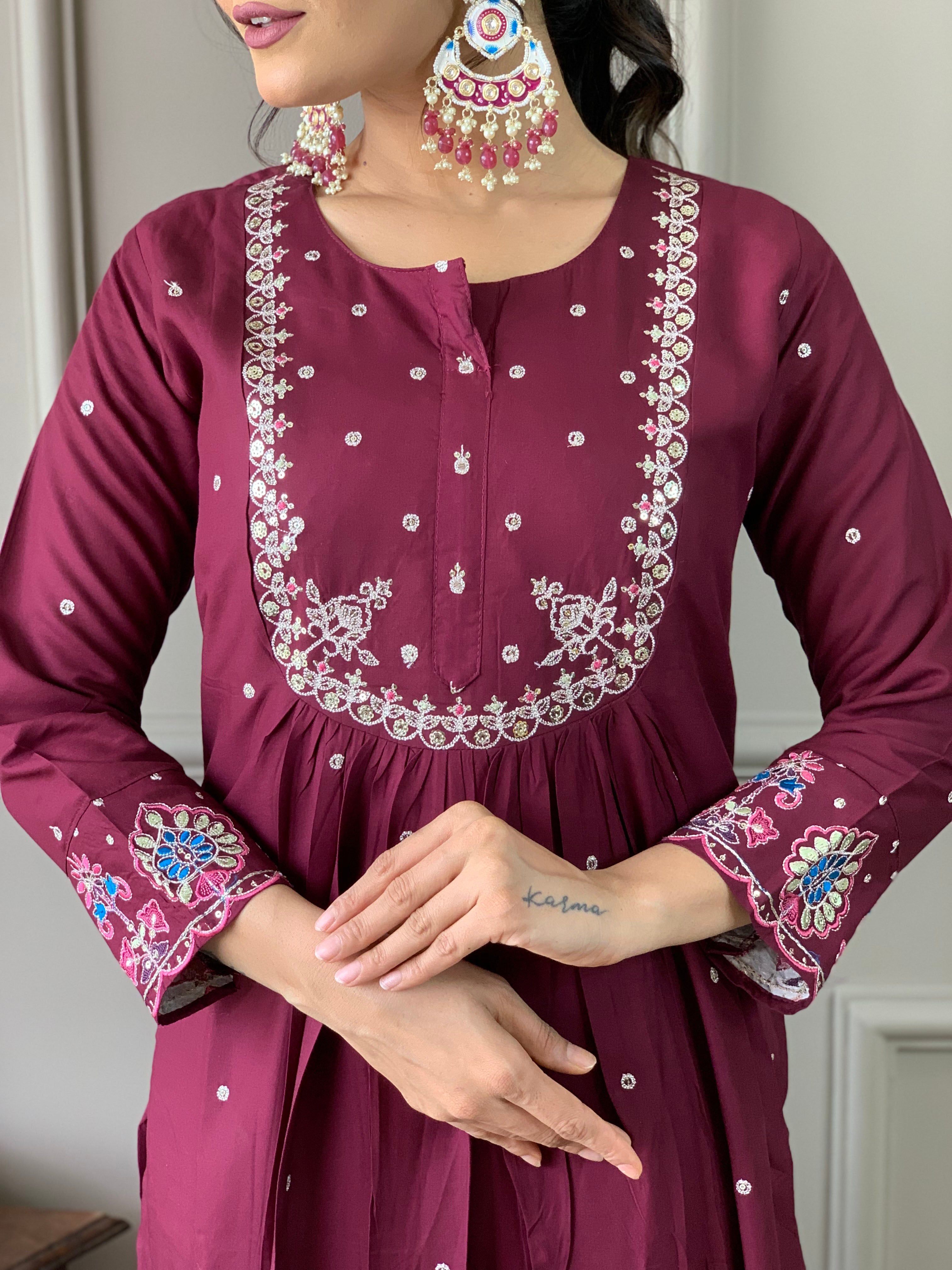 Wine Chanderi Viscose Elegant Kurta Pant Set With Embroidery Work
