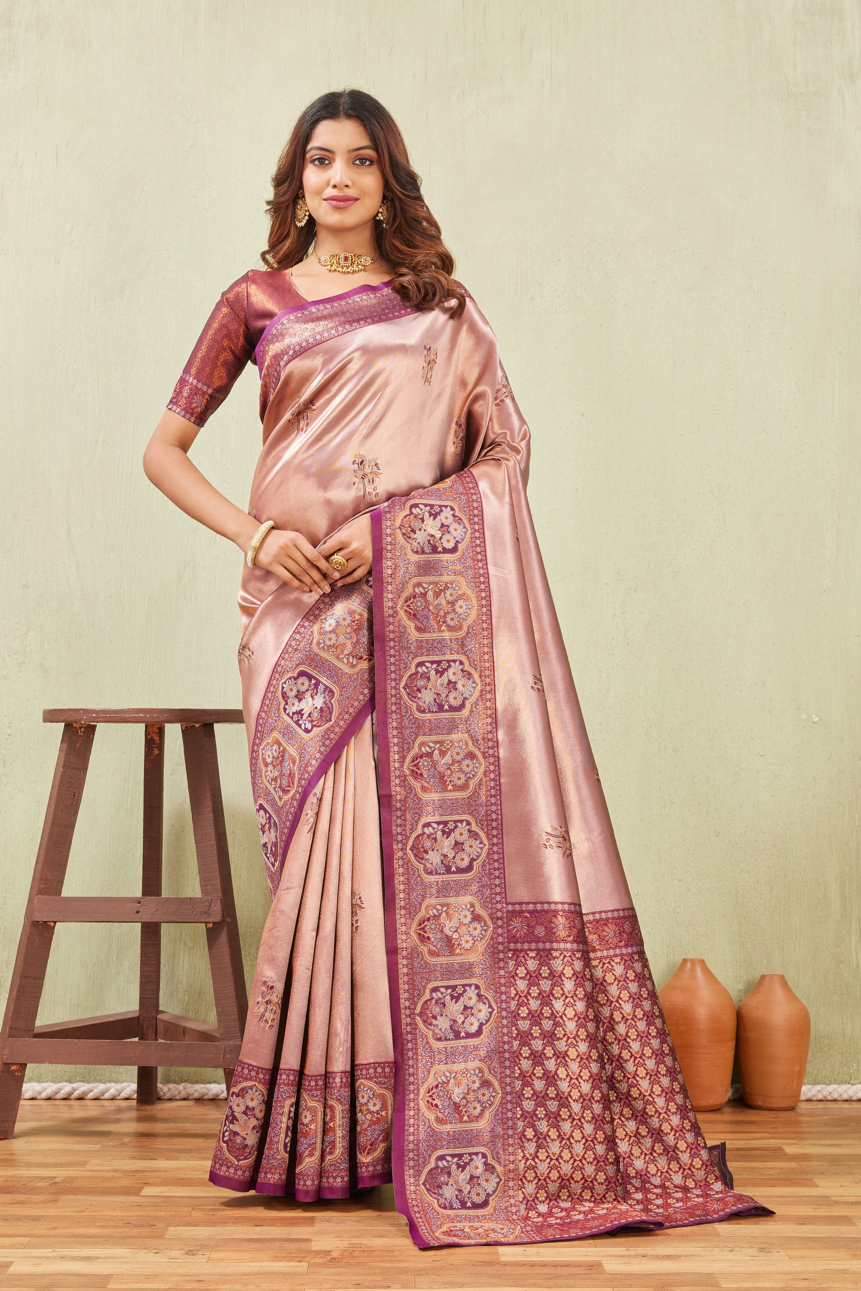 Wine Chiku Banarasi Silk Saree with Rich Pallu & Elegant Jacquard Jari Work