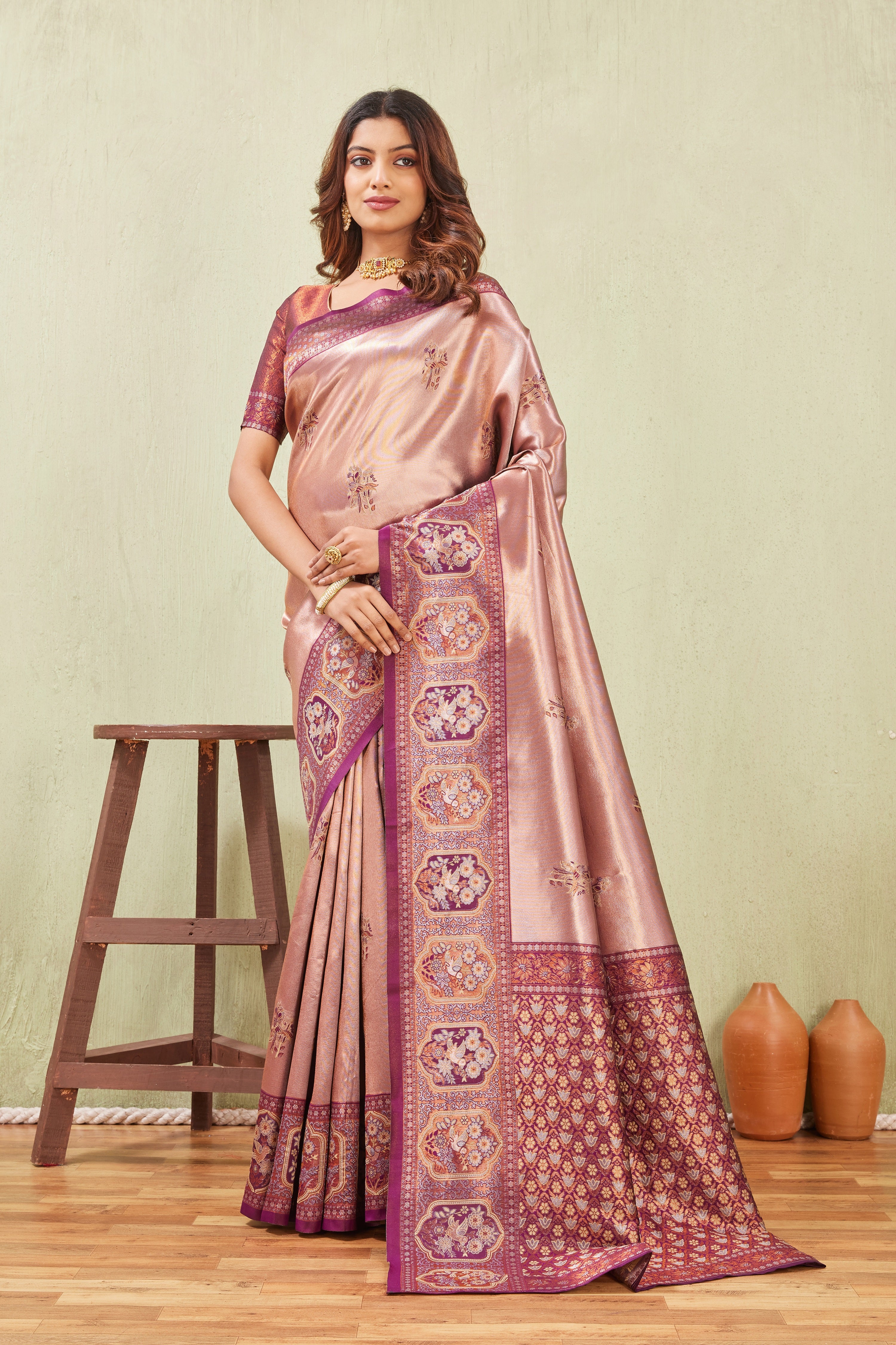 Wine Chiku Banarasi Silk Saree with Rich Pallu & Elegant Jacquard Jari Work