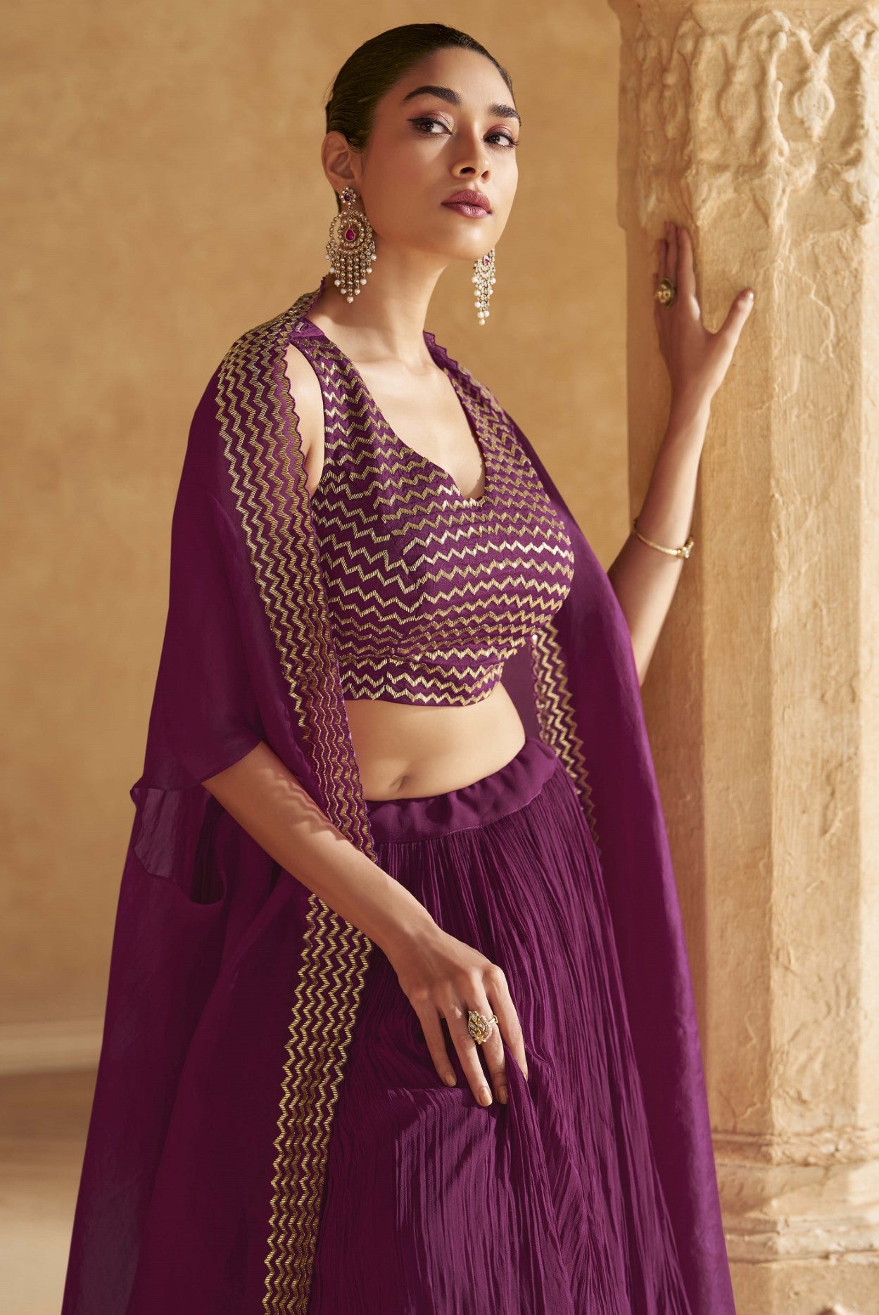Wine Chinon Silk Lehenga Choli With Handwork Jacket