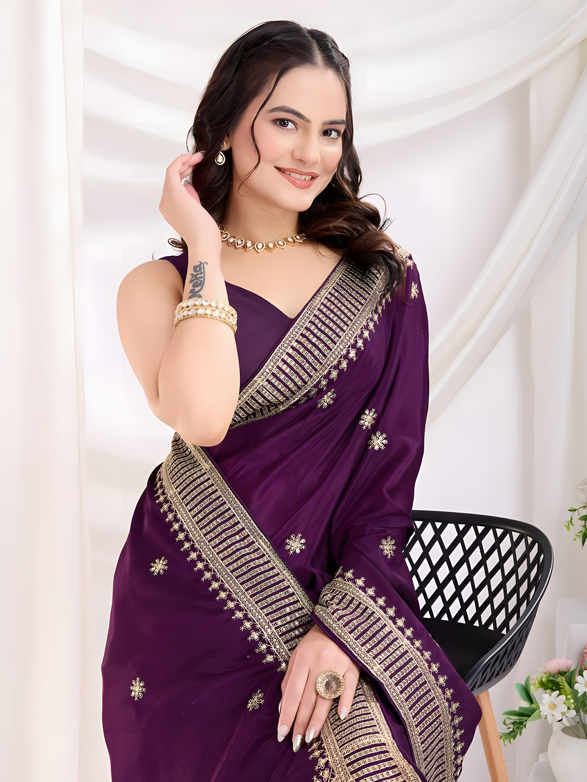 Wine Chinon Silk  Saree with  C pallu all Over Embroidery and Sequins Work
