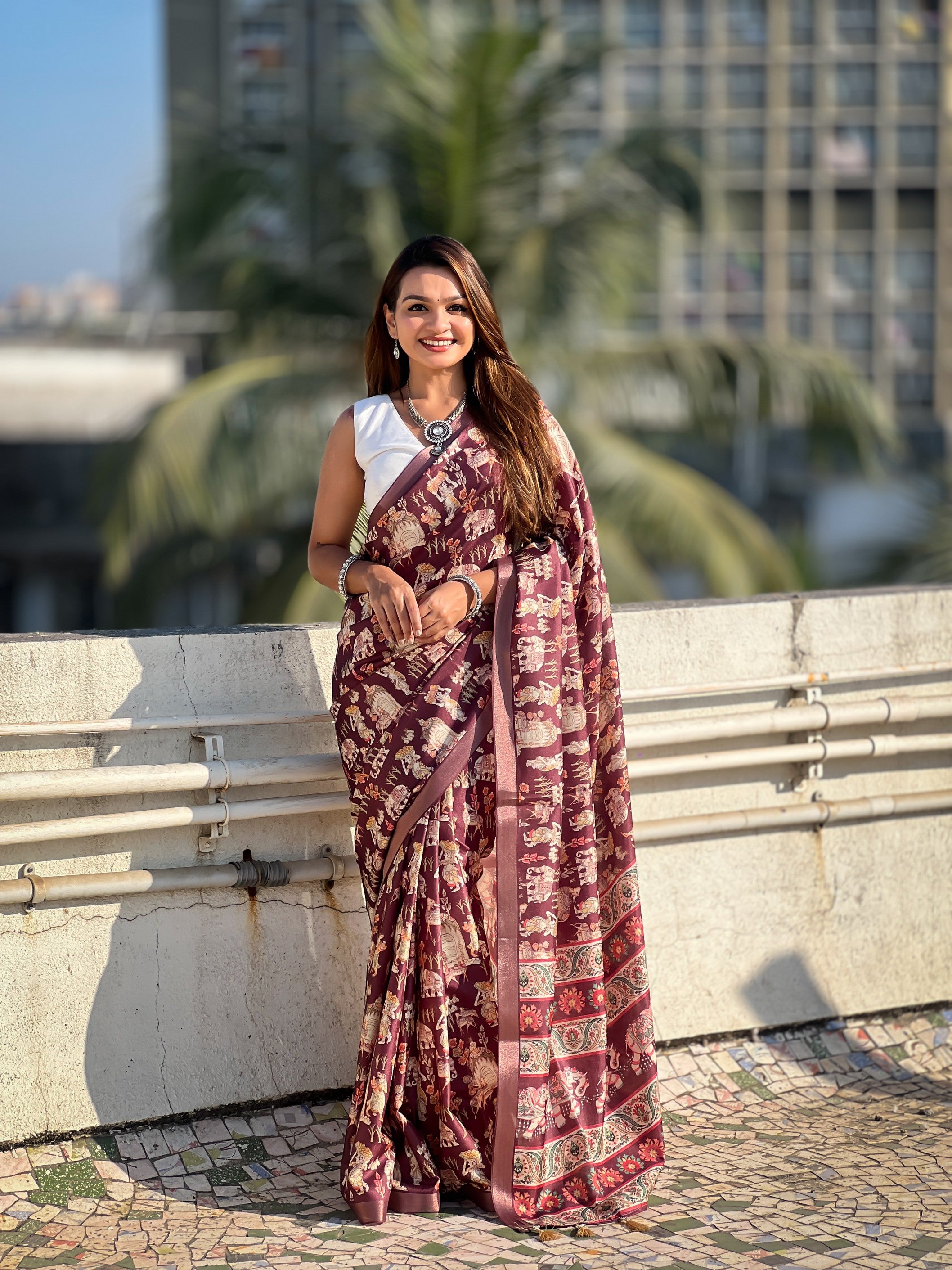 Wine Classic Tussar Silk Saree With Woven And Designer Print Work