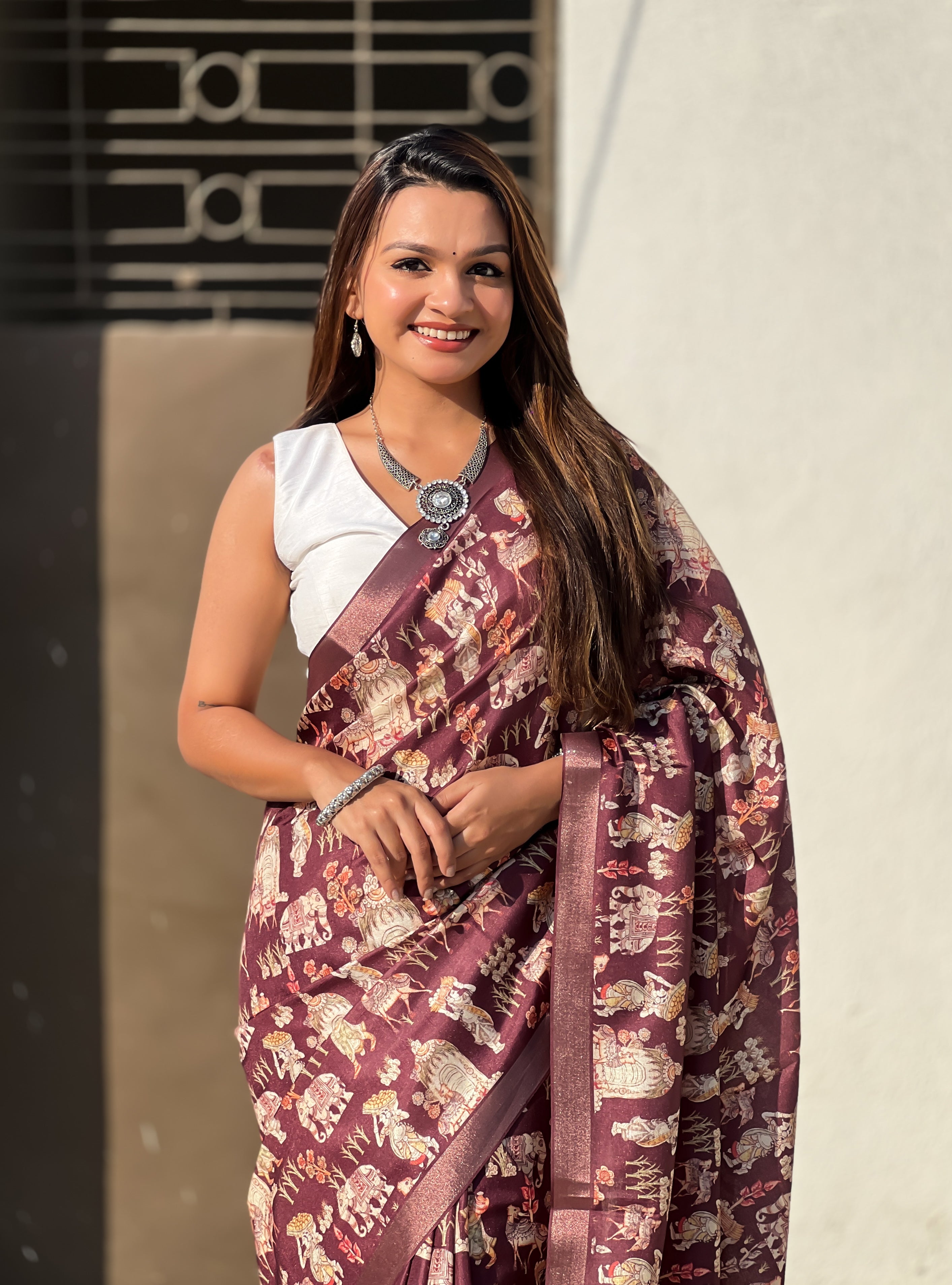 Wine Classic Tussar Silk Saree With Woven And Designer Print Work
