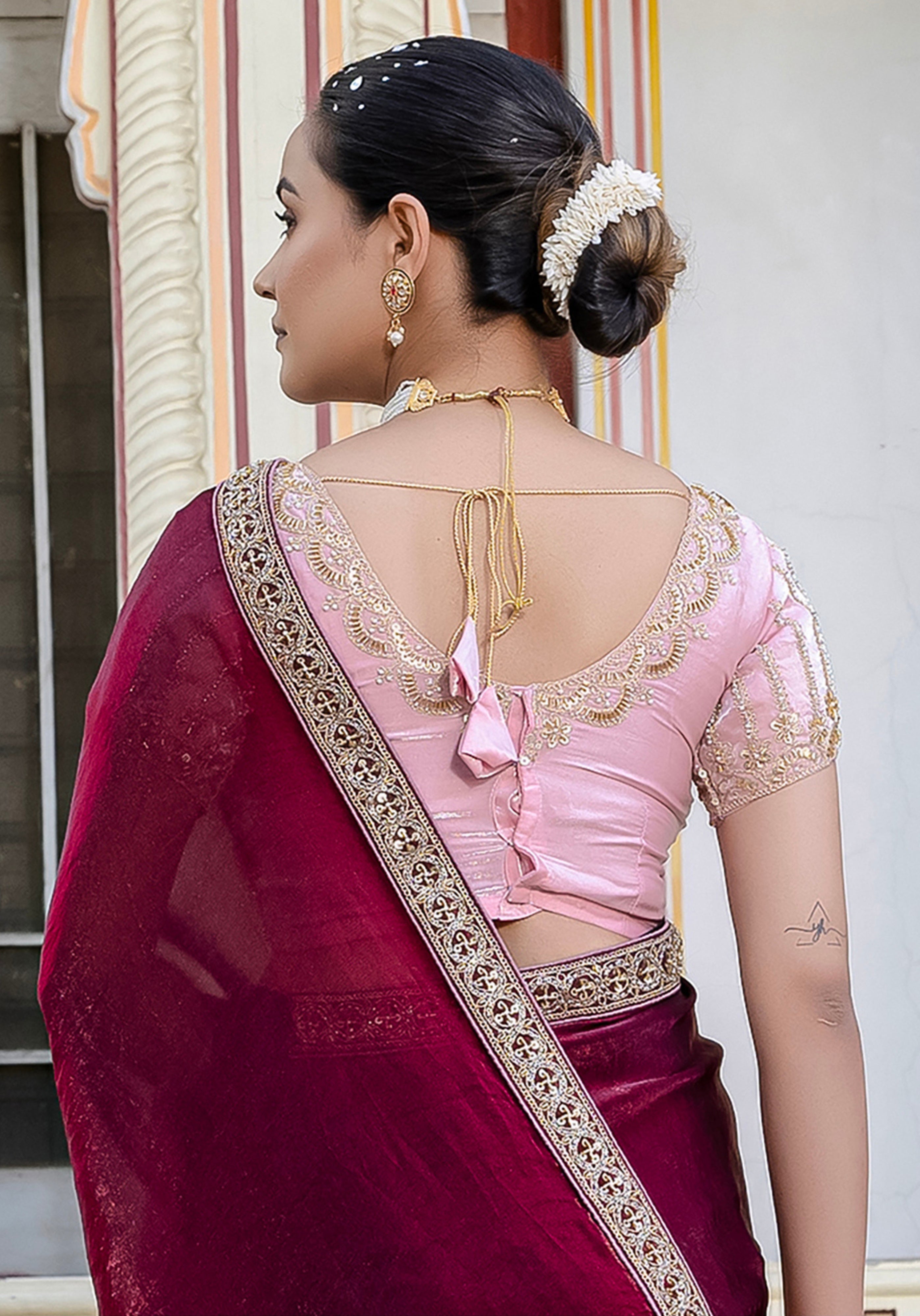 Wine Color  Satin with Velvet Lustre Saree With  Handwork Lace