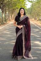 Wine Colour Burburry Silk Heavy Work Saree