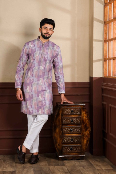 Wine Cotton Blend Kurta Pajama with Abstract Print