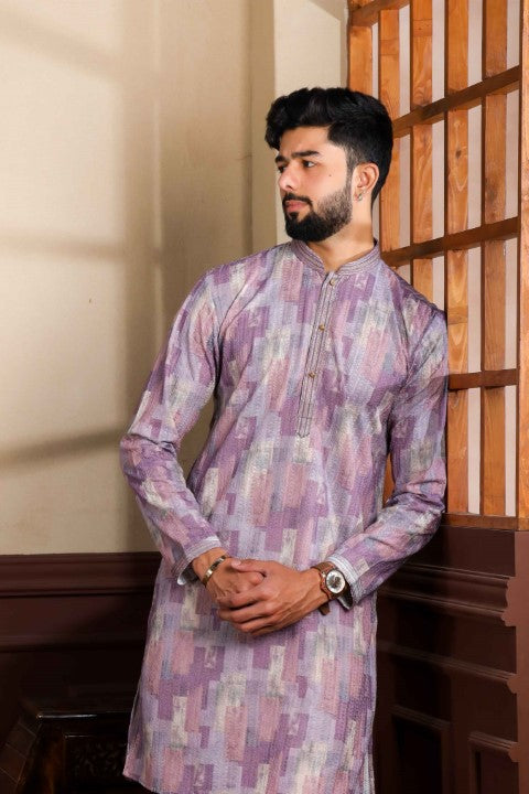 Wine Cotton Blend Kurta Pajama with Abstract Print