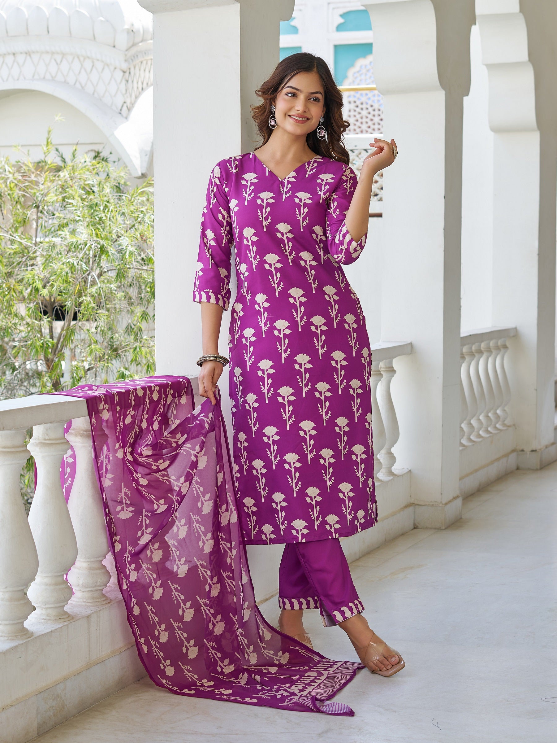 Wine Cotton Blend Kurta Pant Set  Printed