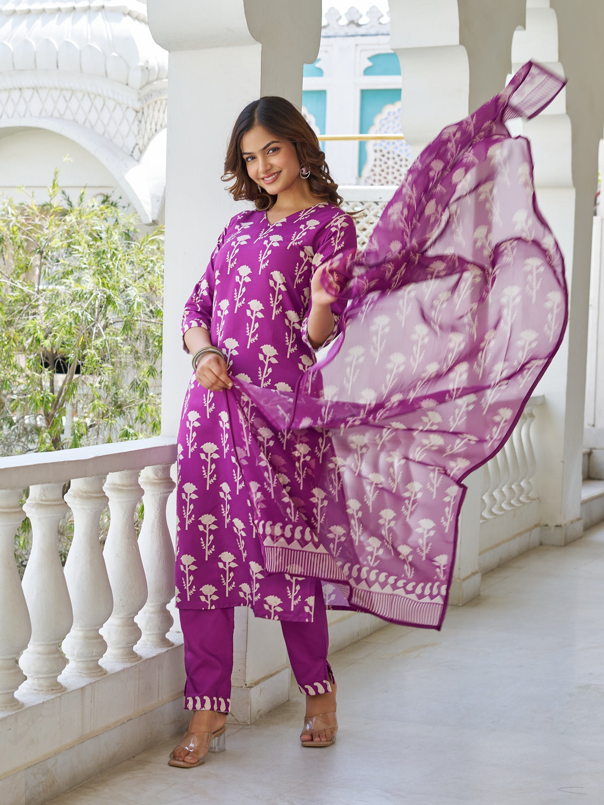 Wine Cotton Blend Kurta Pant Set  Printed