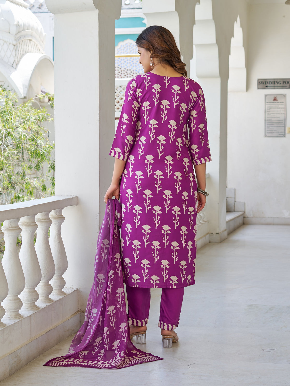 Wine Cotton Blend Kurta Pant Set  Printed