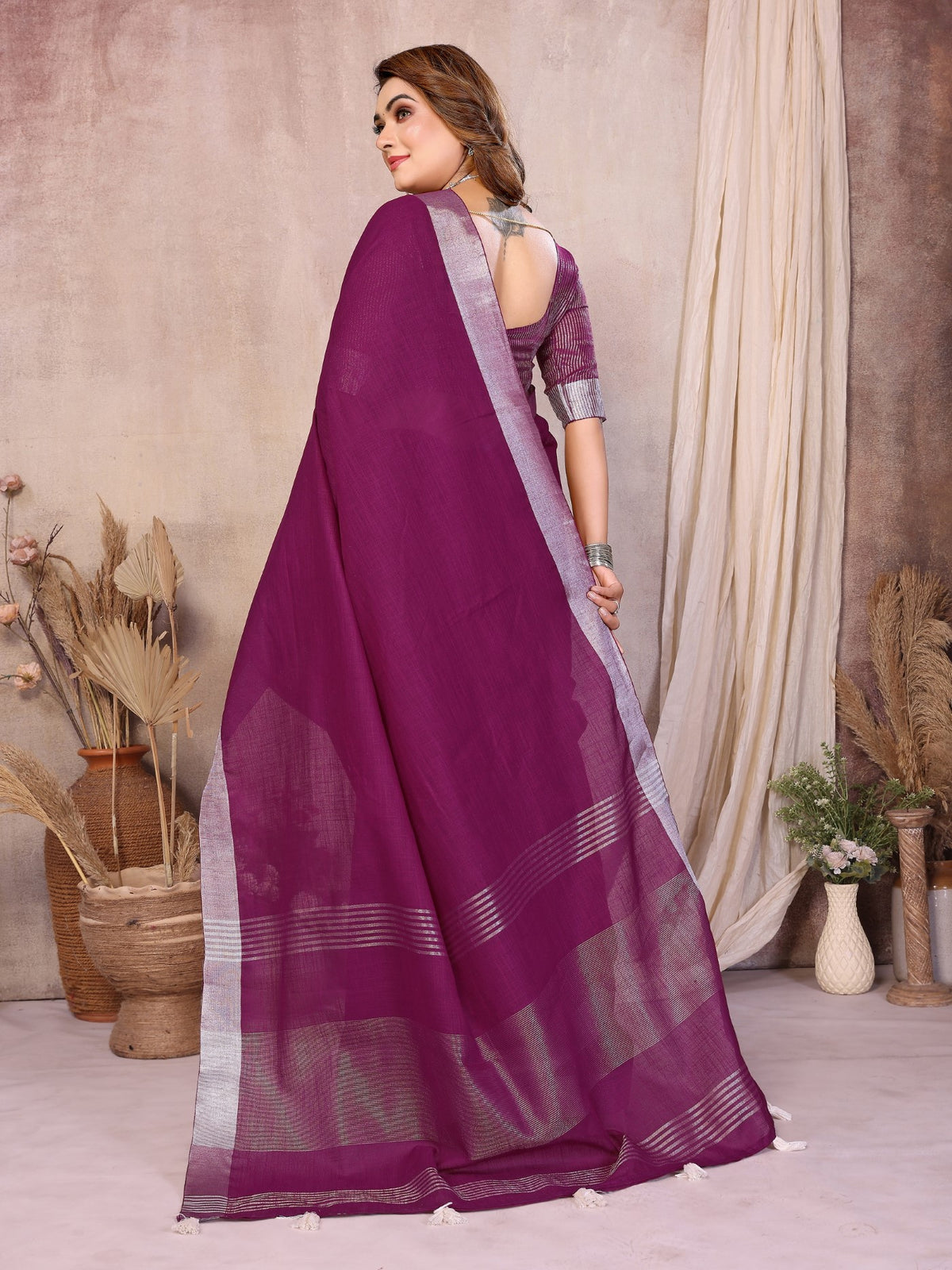 Wine Cotton Saree With Classic Silver Zari Border