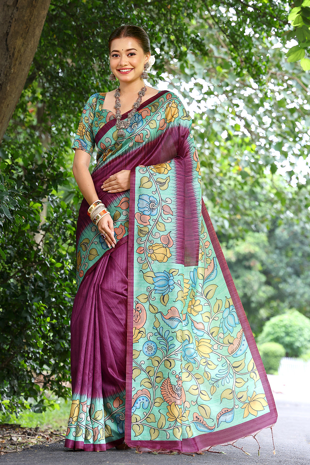 Wine Cotton Silk Saree with Solid Design and Printed Pallu