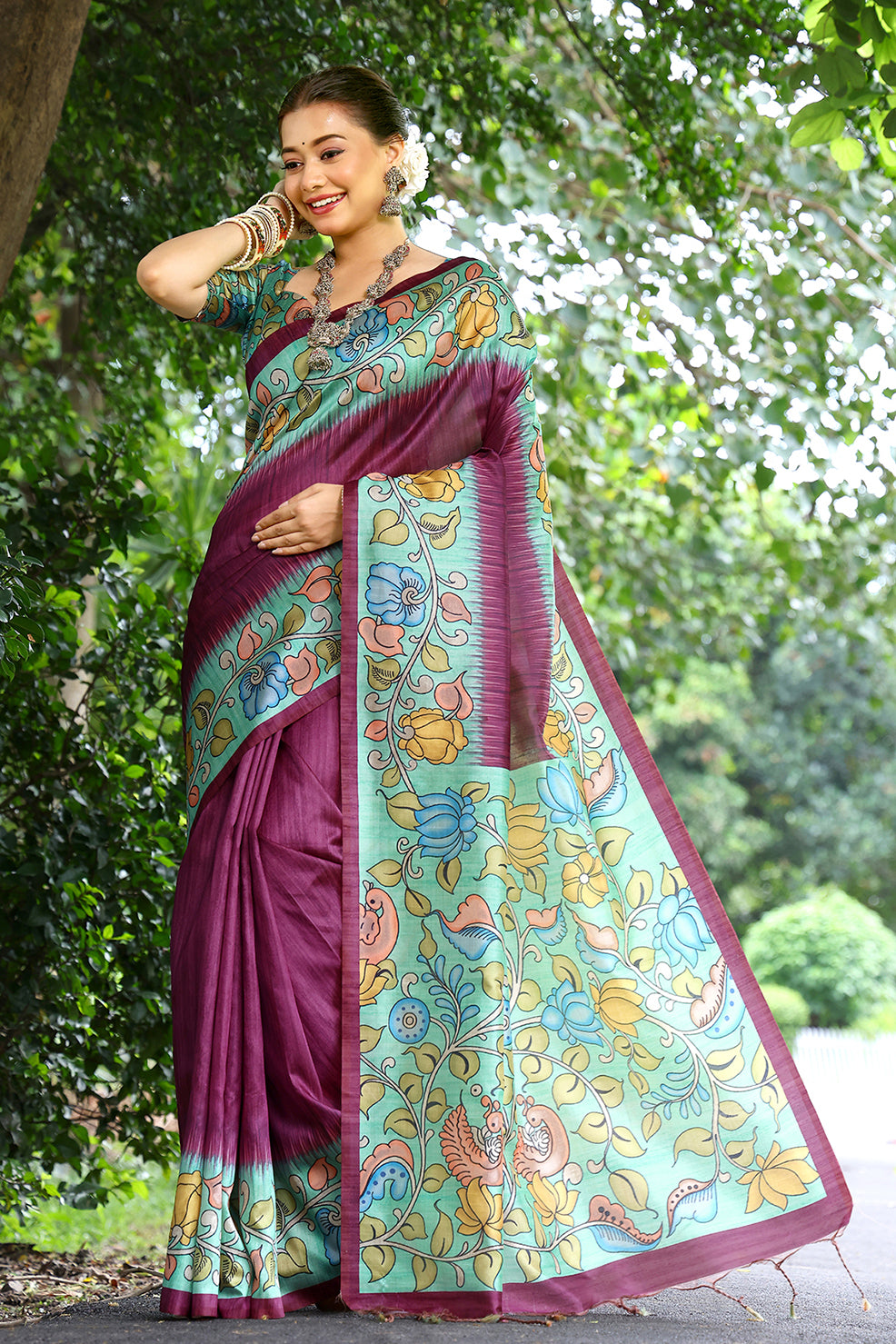 Wine Cotton Silk Saree with Solid Design and Printed Pallu