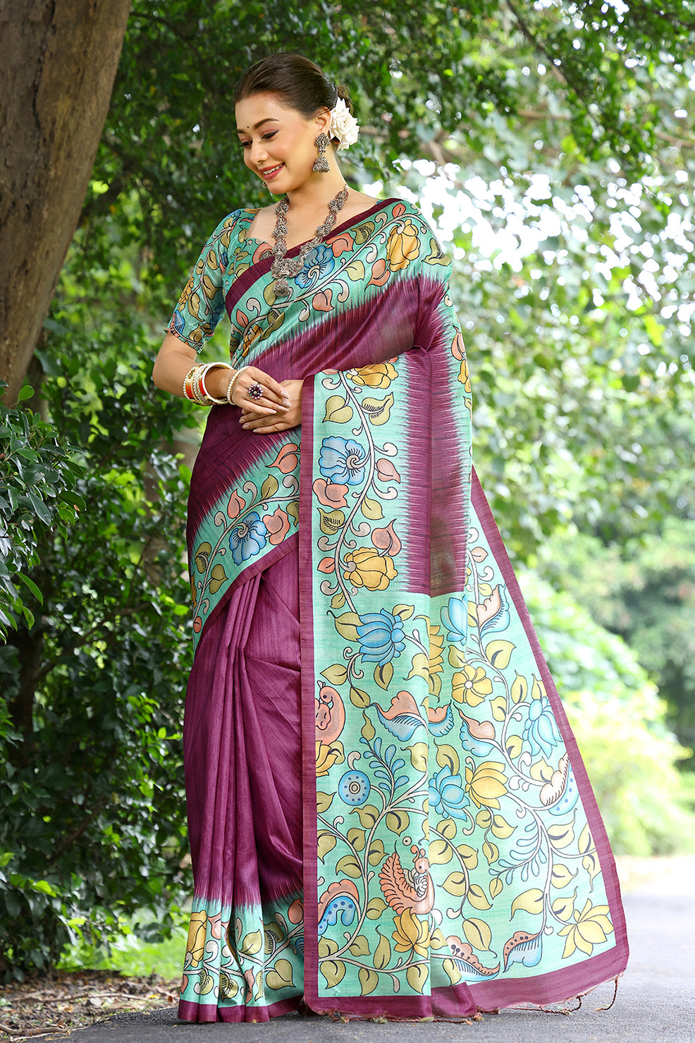 Wine Cotton Silk Saree with Solid Design and Printed Pallu