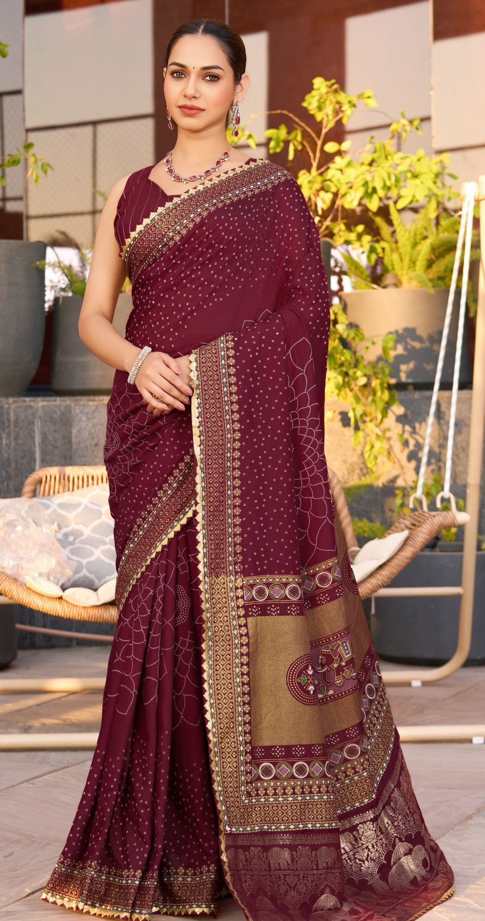 Wine Cotton Silk Woven Designer With Table And Foil Printed Partywear Saree